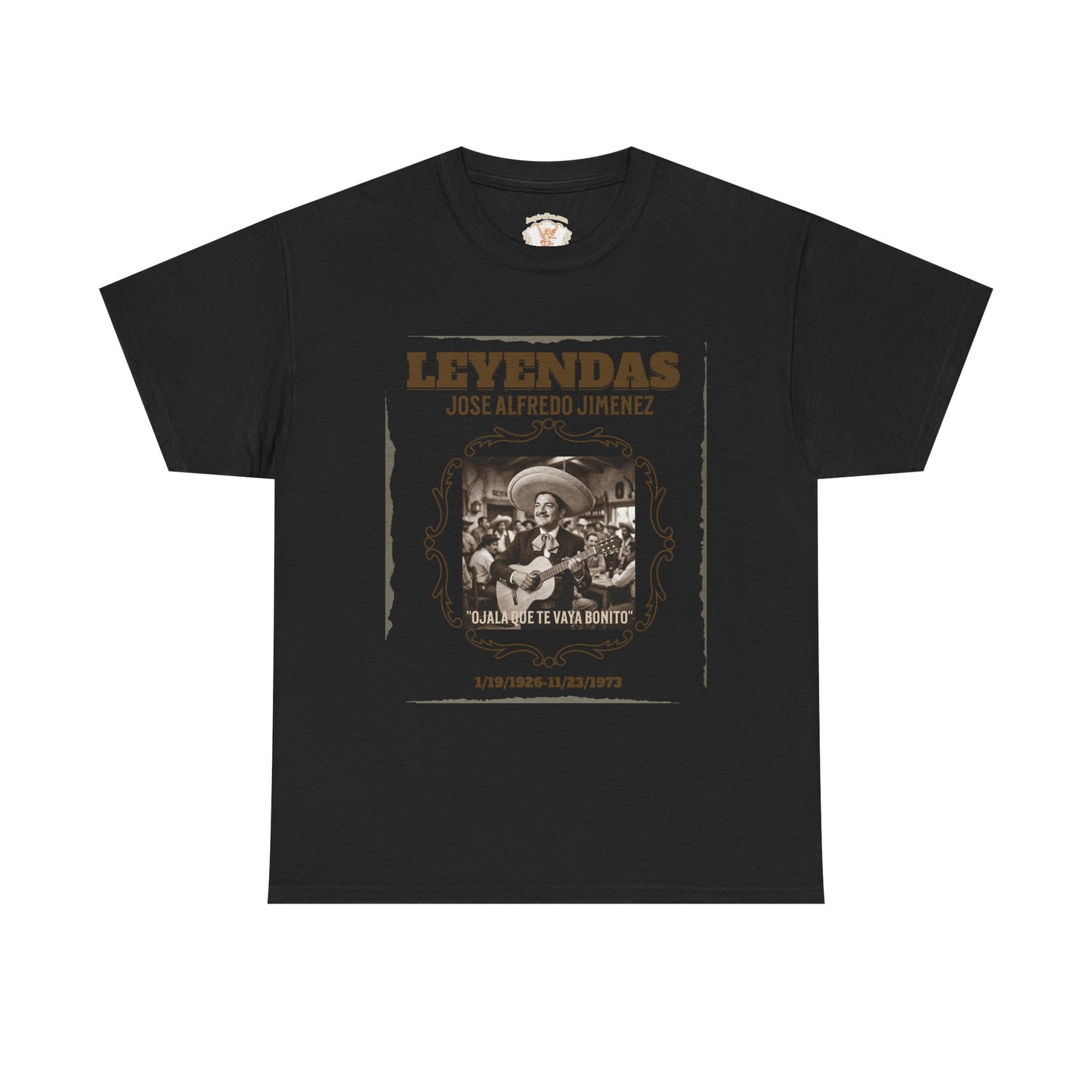 Black t-shirt with graphic design and text on a white background