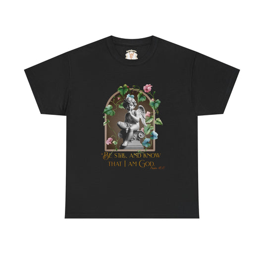 Black t-shirt with a graphic design of a classical statue and floral elements on a white background