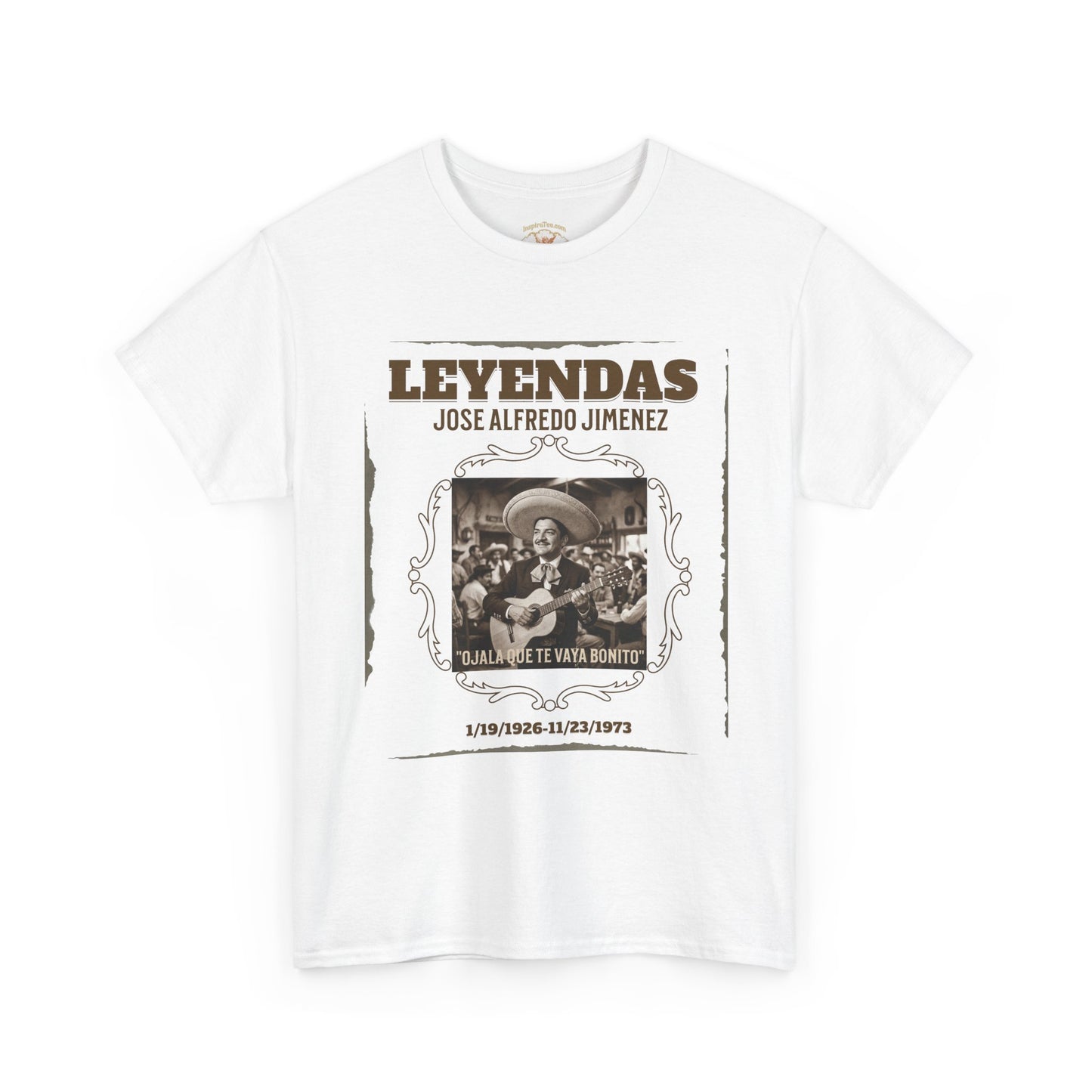 White t-shirt with graphic design featuring a photo and text on a white background