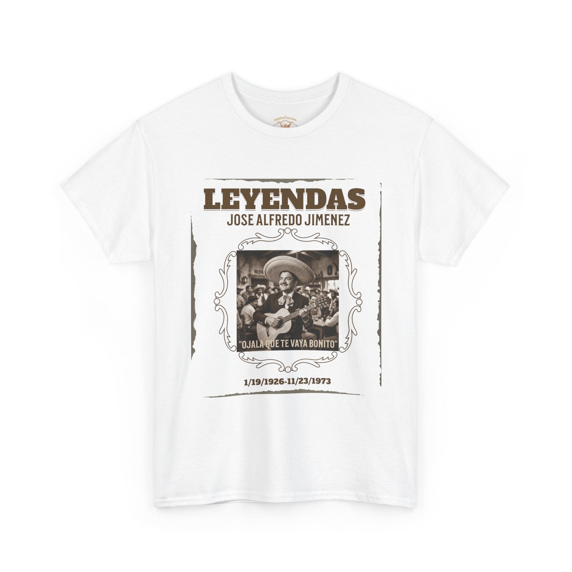 White t-shirt with graphic design featuring a photo and text on a white background