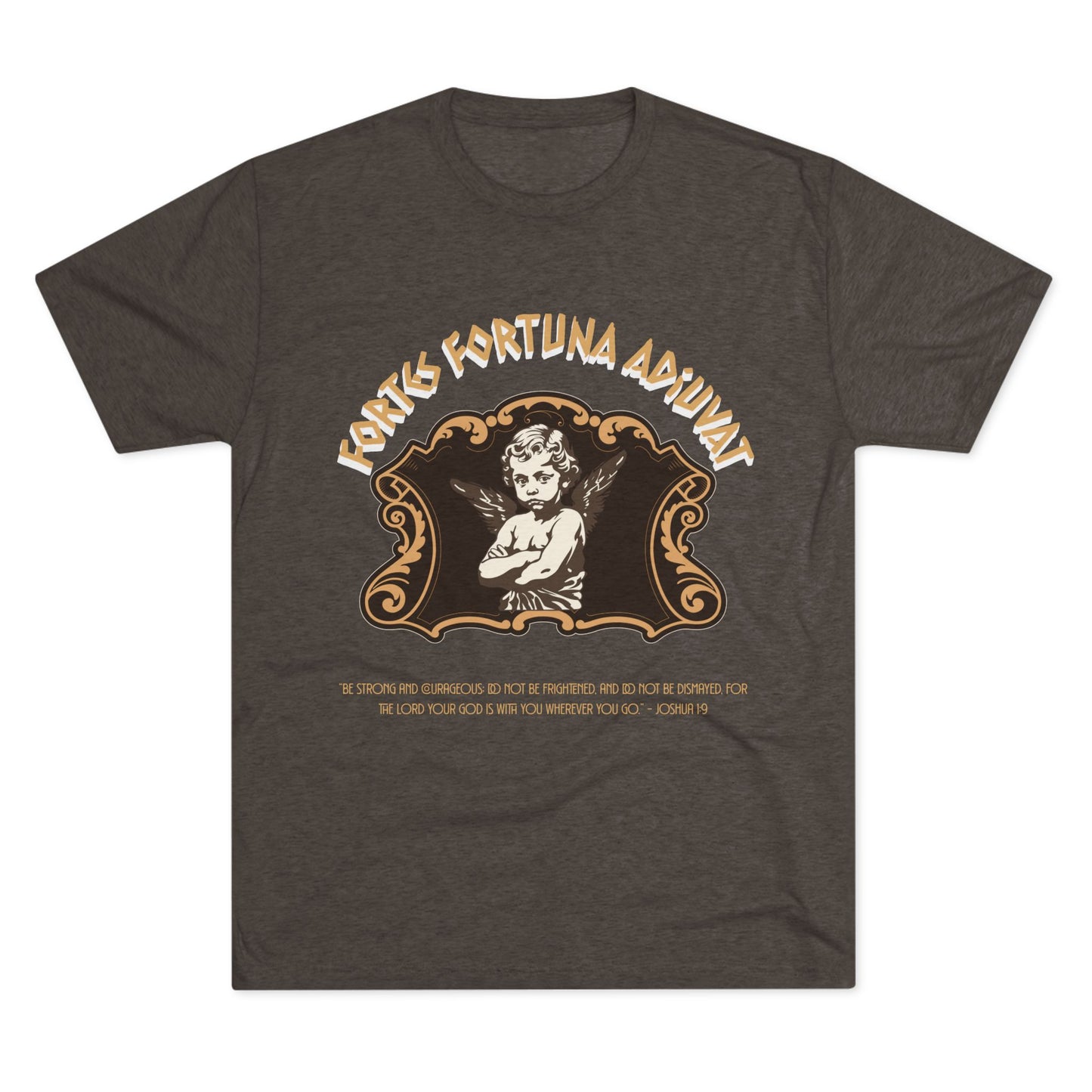 Dark gray t-shirt with vintage-style graphic design featuring an angel and text on a white background