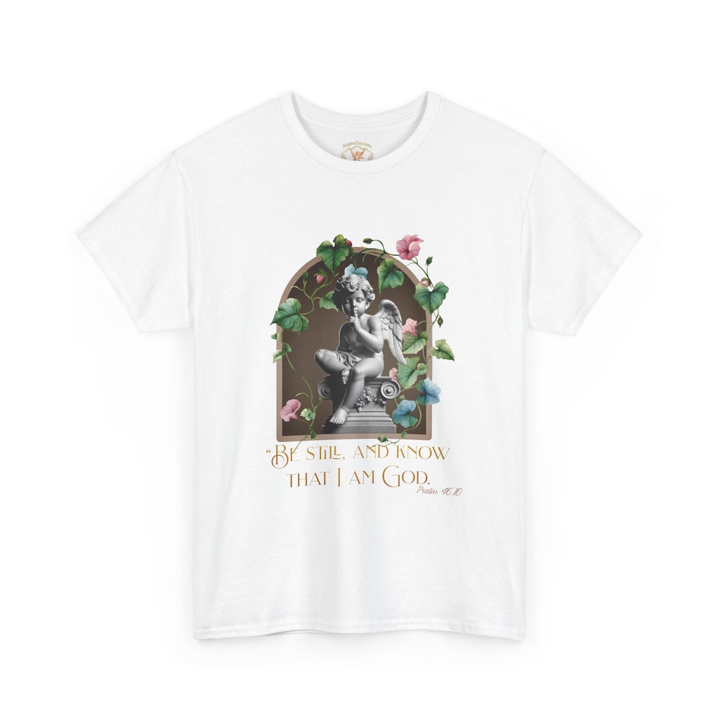 White t-shirt with classical design and text on a white background