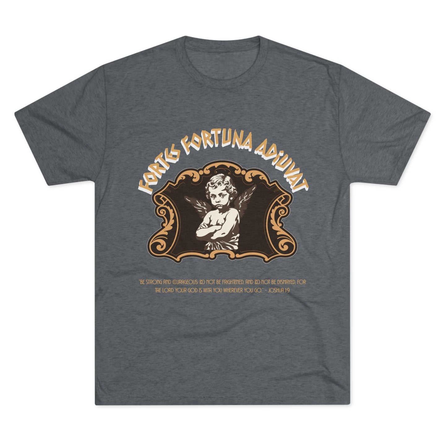 Gray t-shirt with vintage-style graphic design featuring an angel and text on a white background