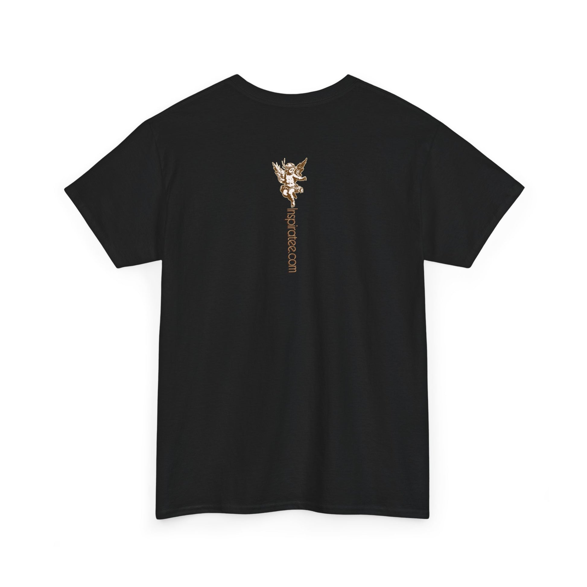 Black t-shirt with gold text on the back against a white background
