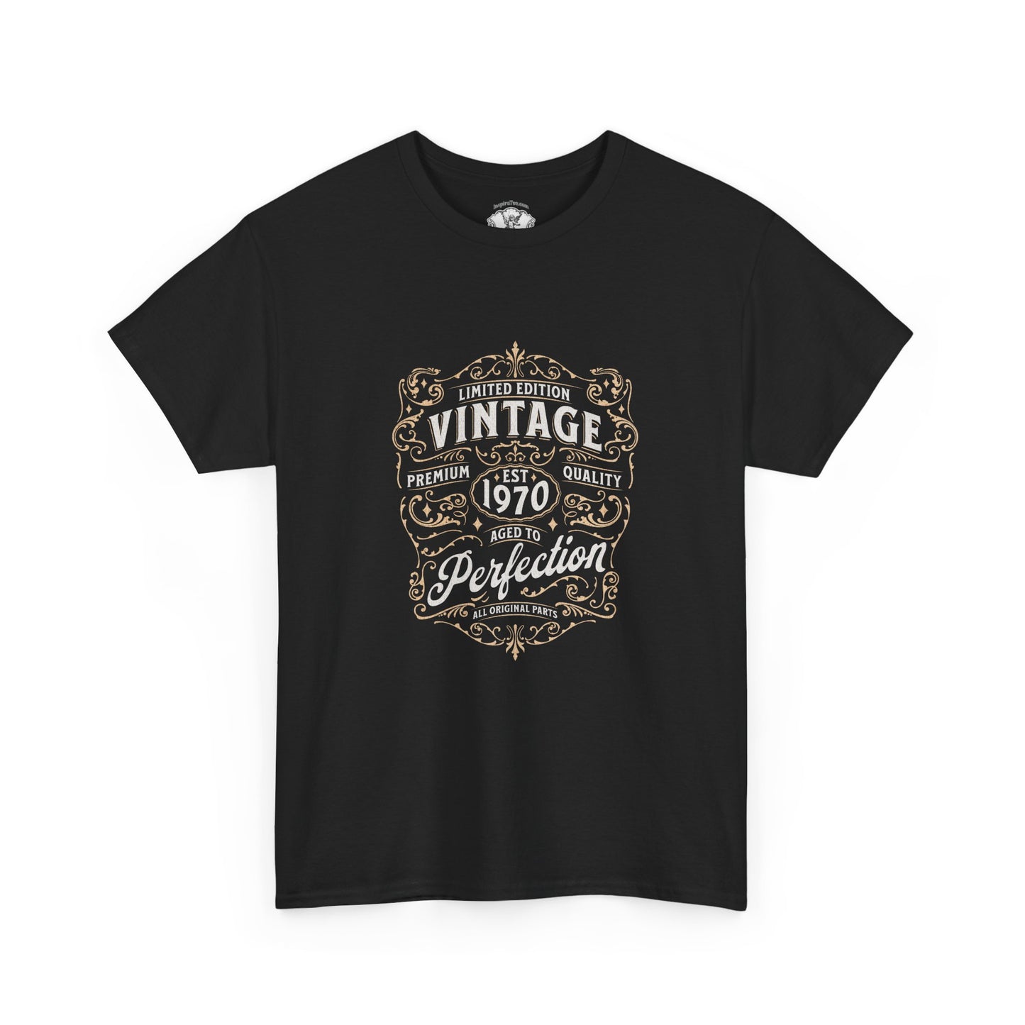 Black t-shirt with vintage-style text design on a white background