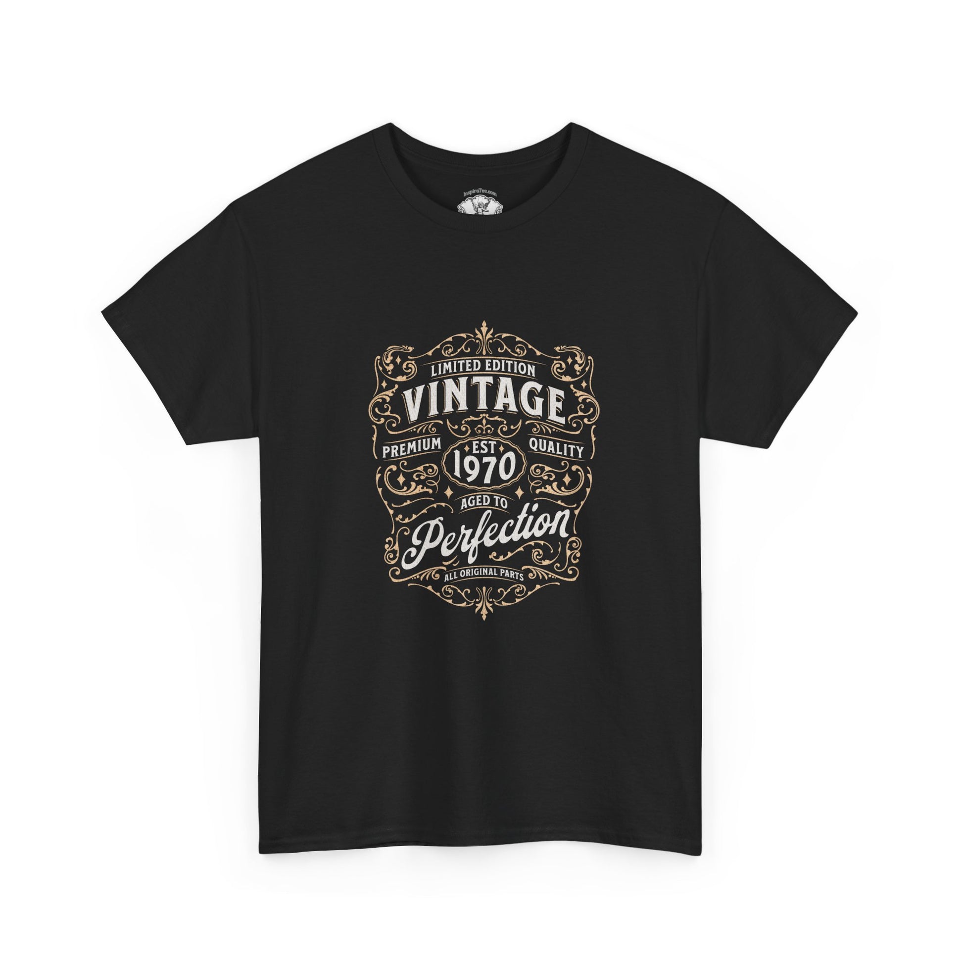 Black t-shirt with vintage-style text design on a white background
