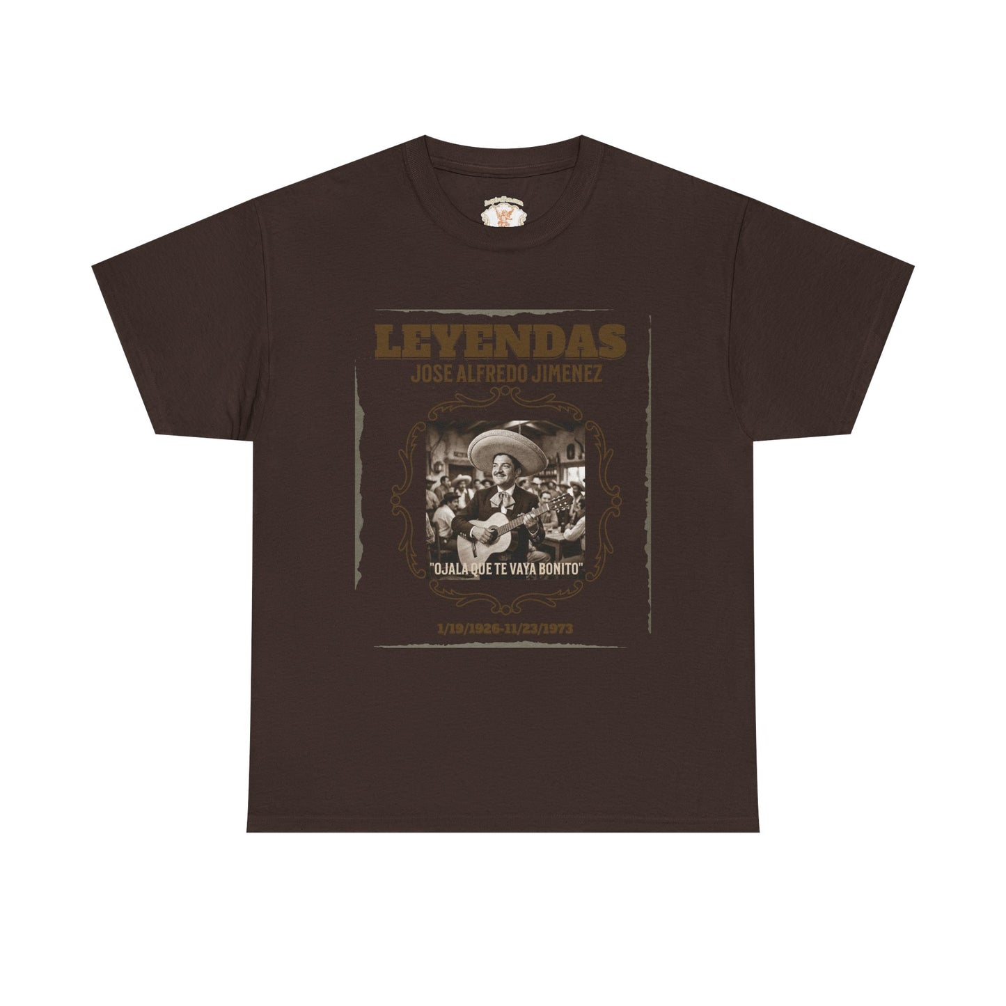Brown t-shirt with graphic design and text on a white background