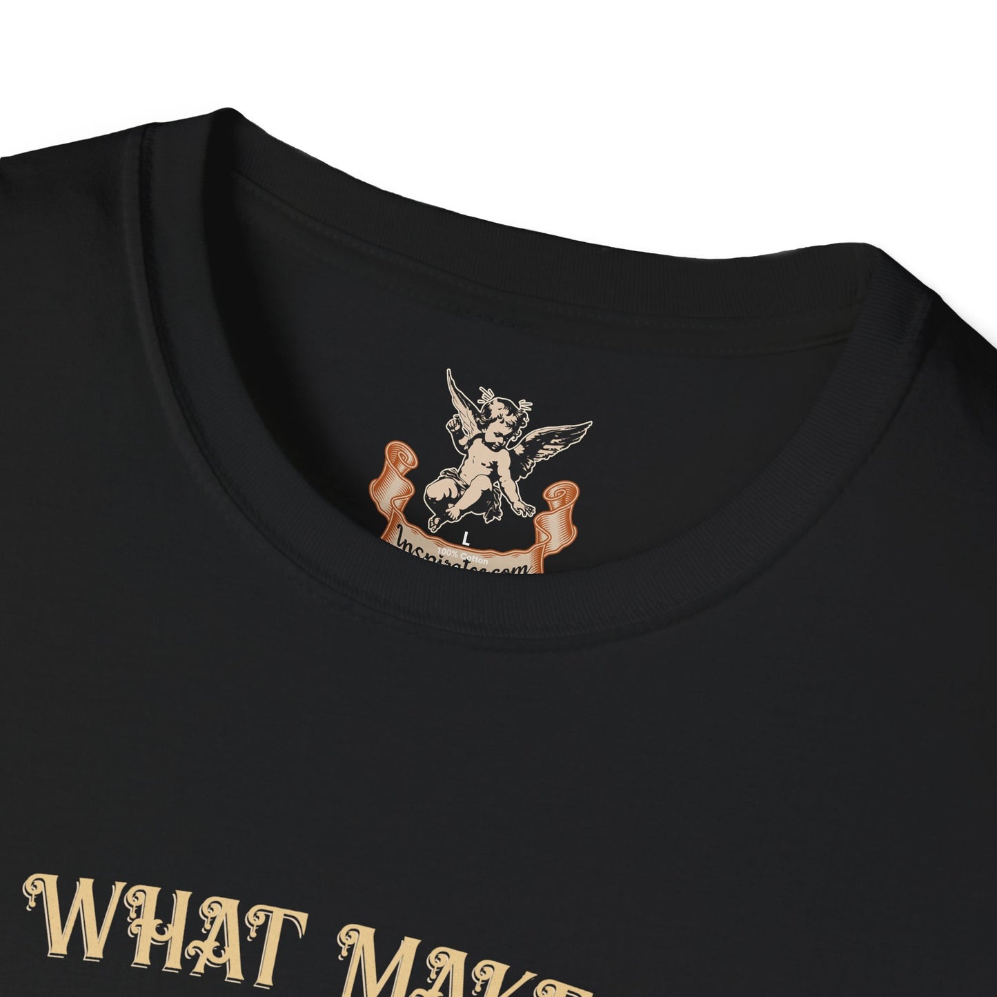 Black t-shirt with a small graphic and text on a white background