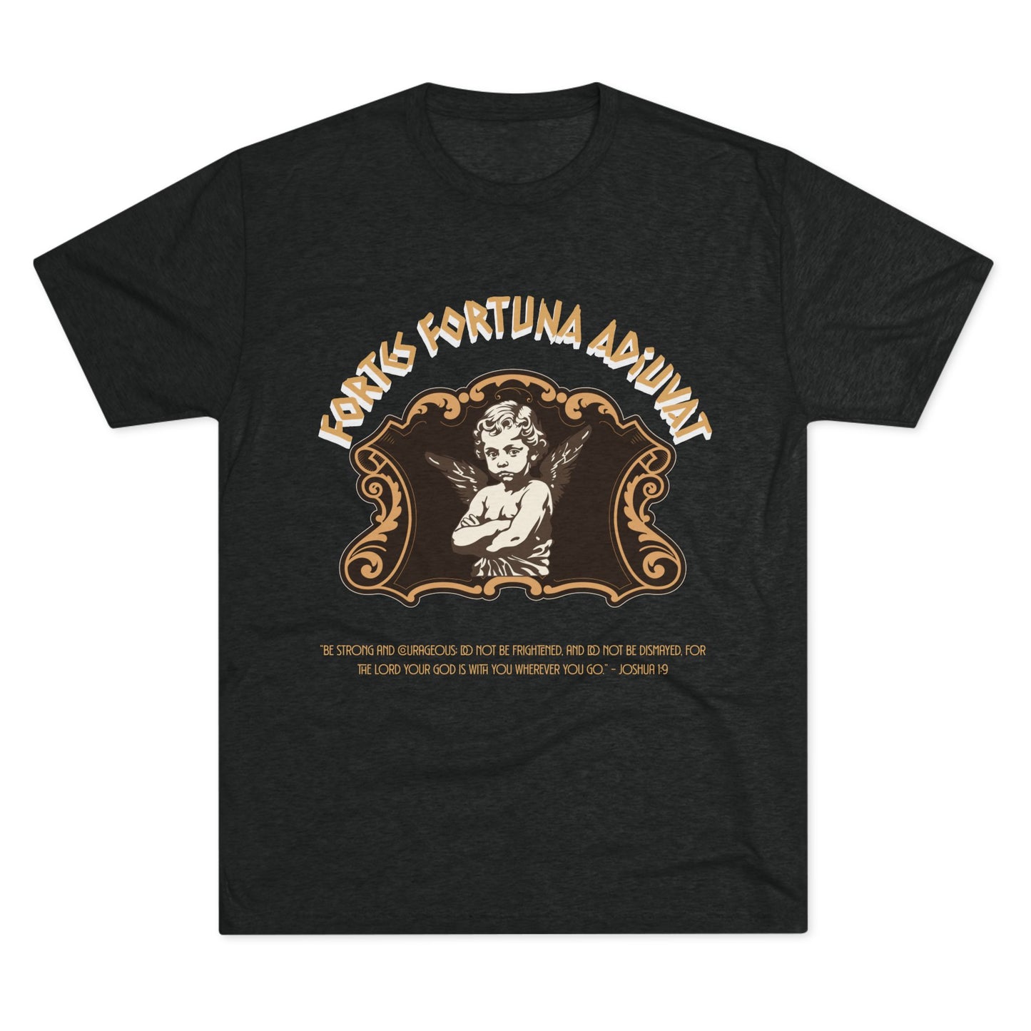 Black t-shirt with vintage-style graphic design featuring an angel and text on a white background