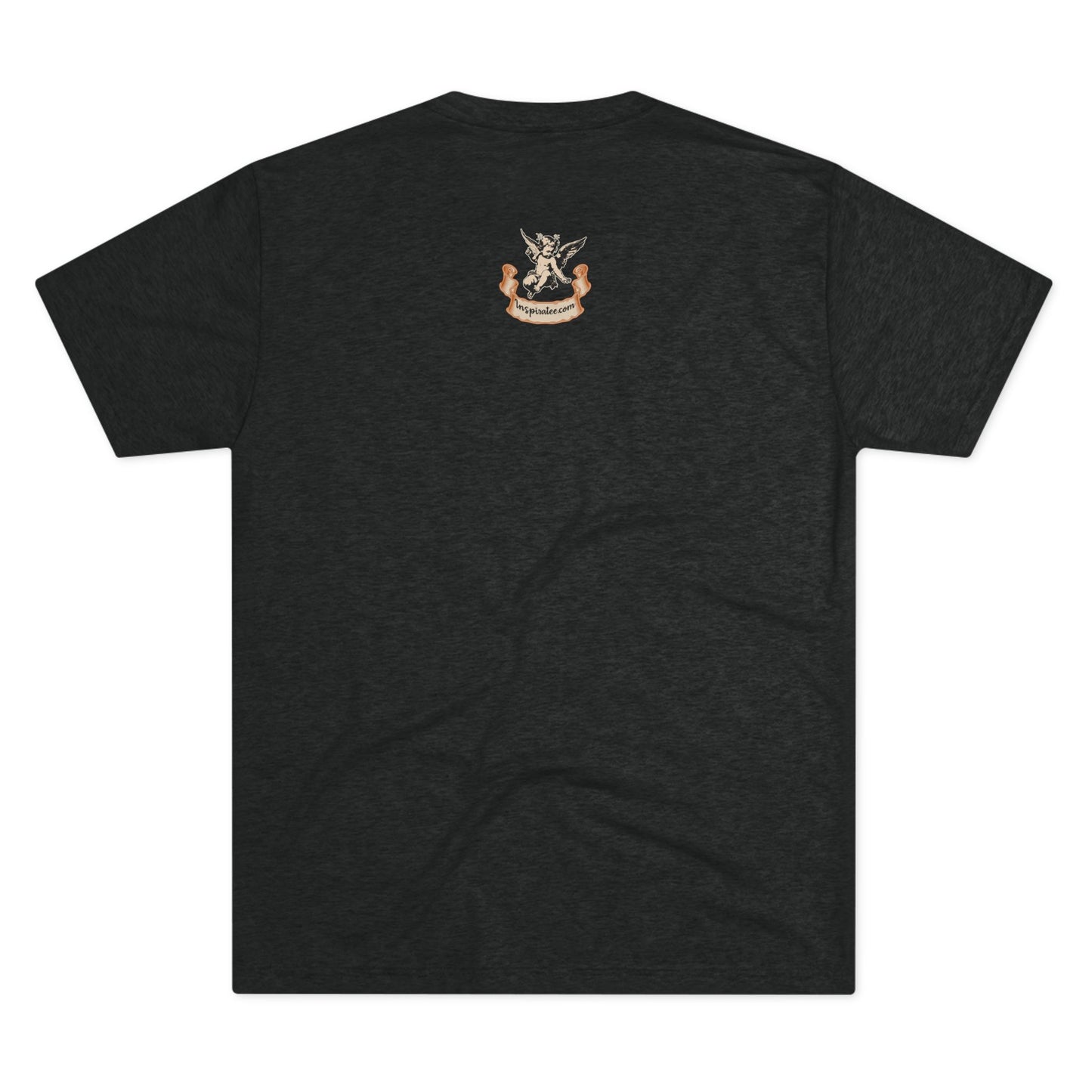 Black t-shirt with a small logo on the back against a white background
