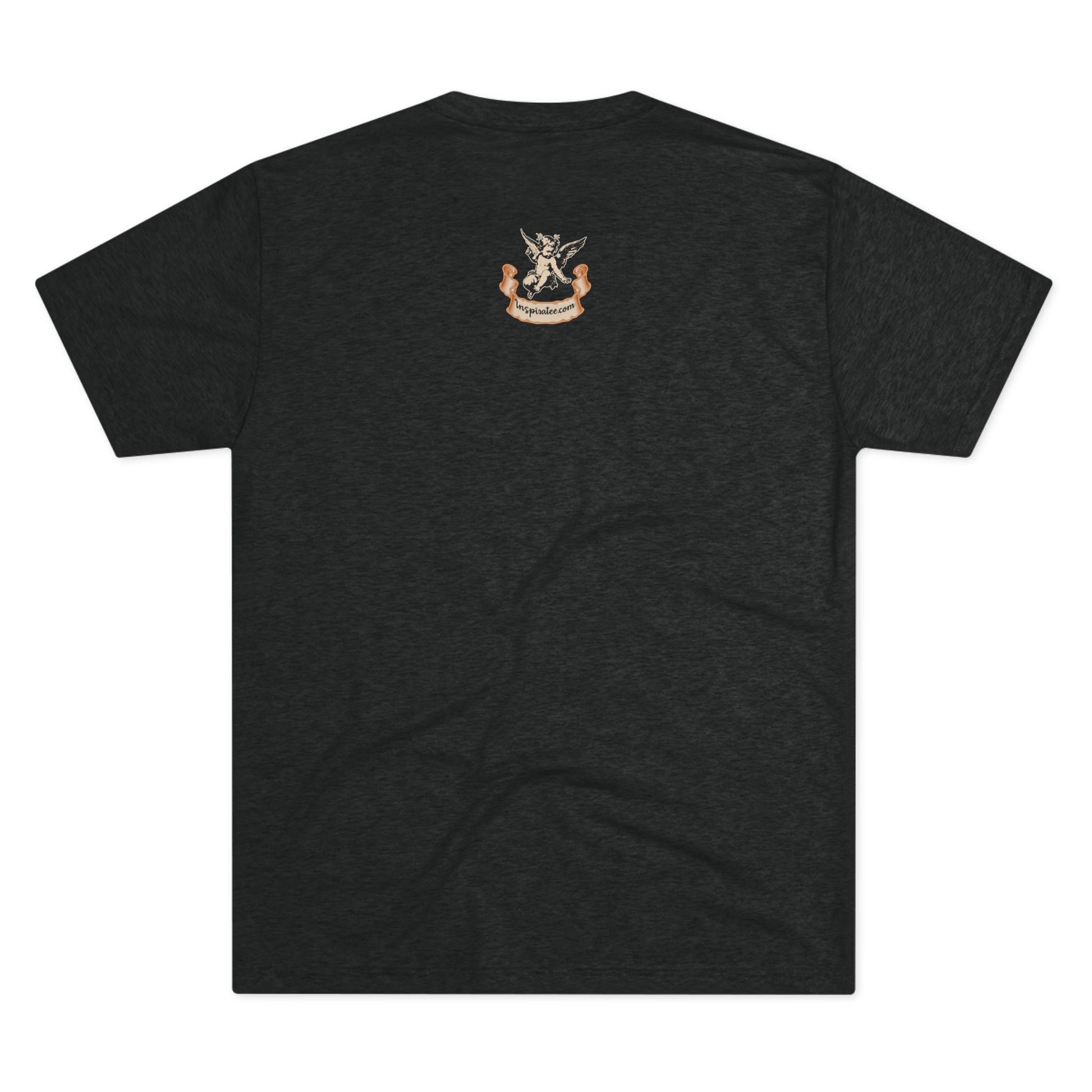 Black t-shirt with a small logo on the back against a white background