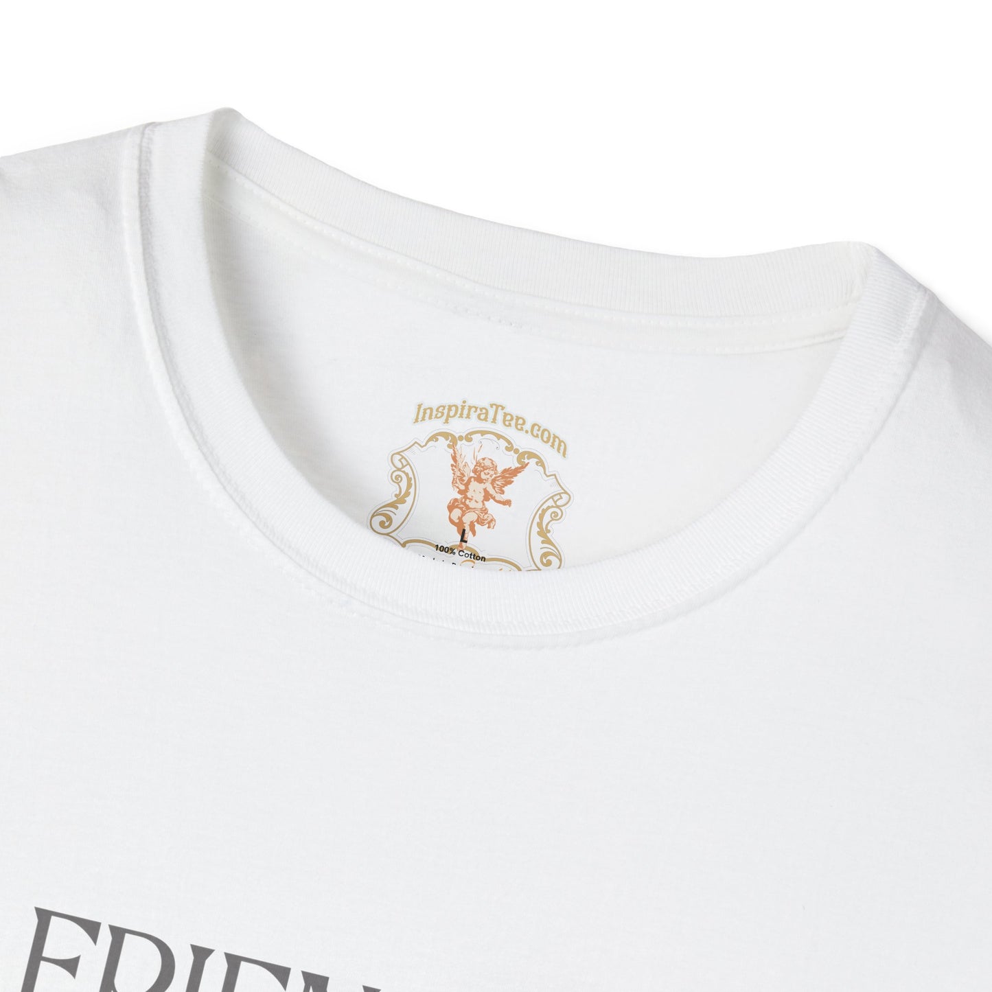 White t-shirt with a gold logo and text on a white background