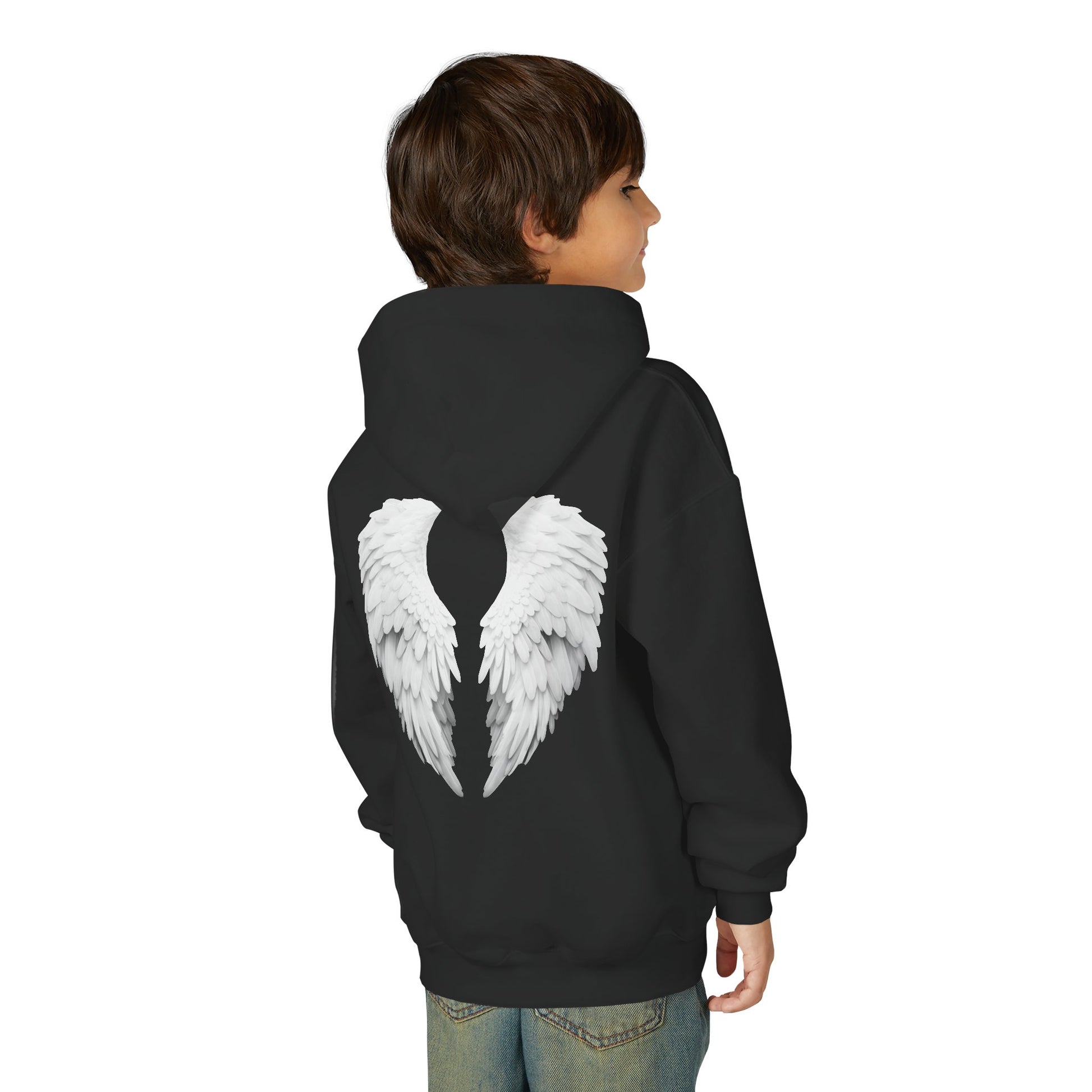 Child wearing a black hoodie with white angel wings on the back against a white background