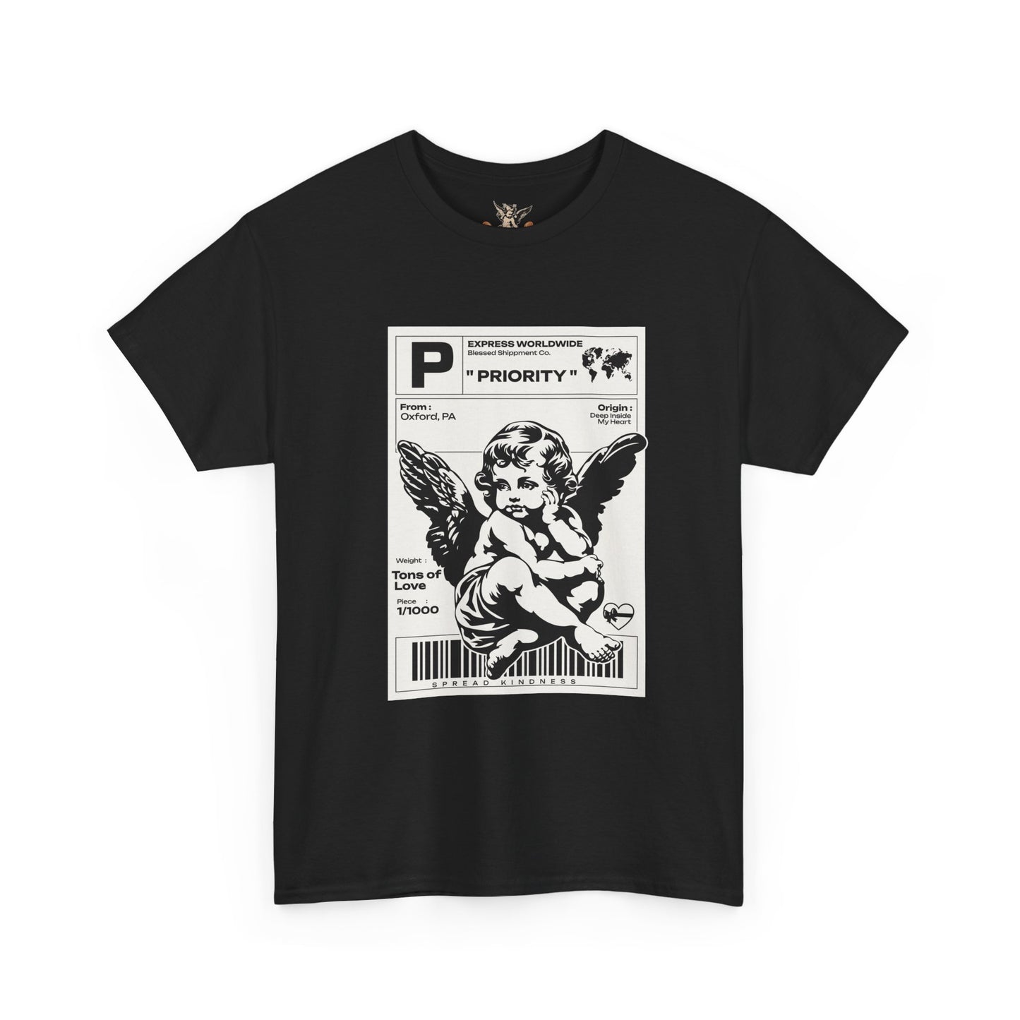 Black t-shirt with a graphic design of an angel on a white background