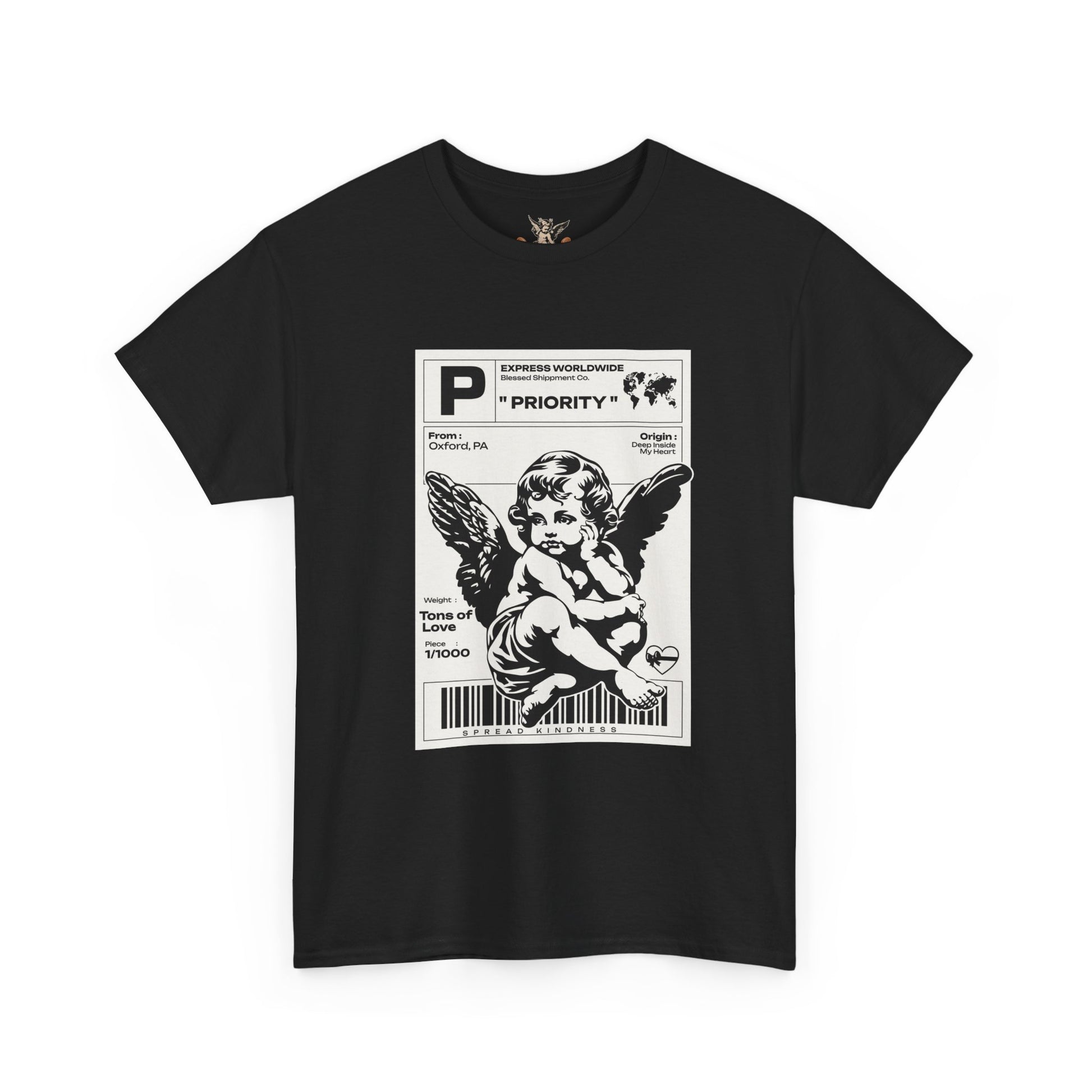 Black t-shirt with a graphic design of an angel on a white background