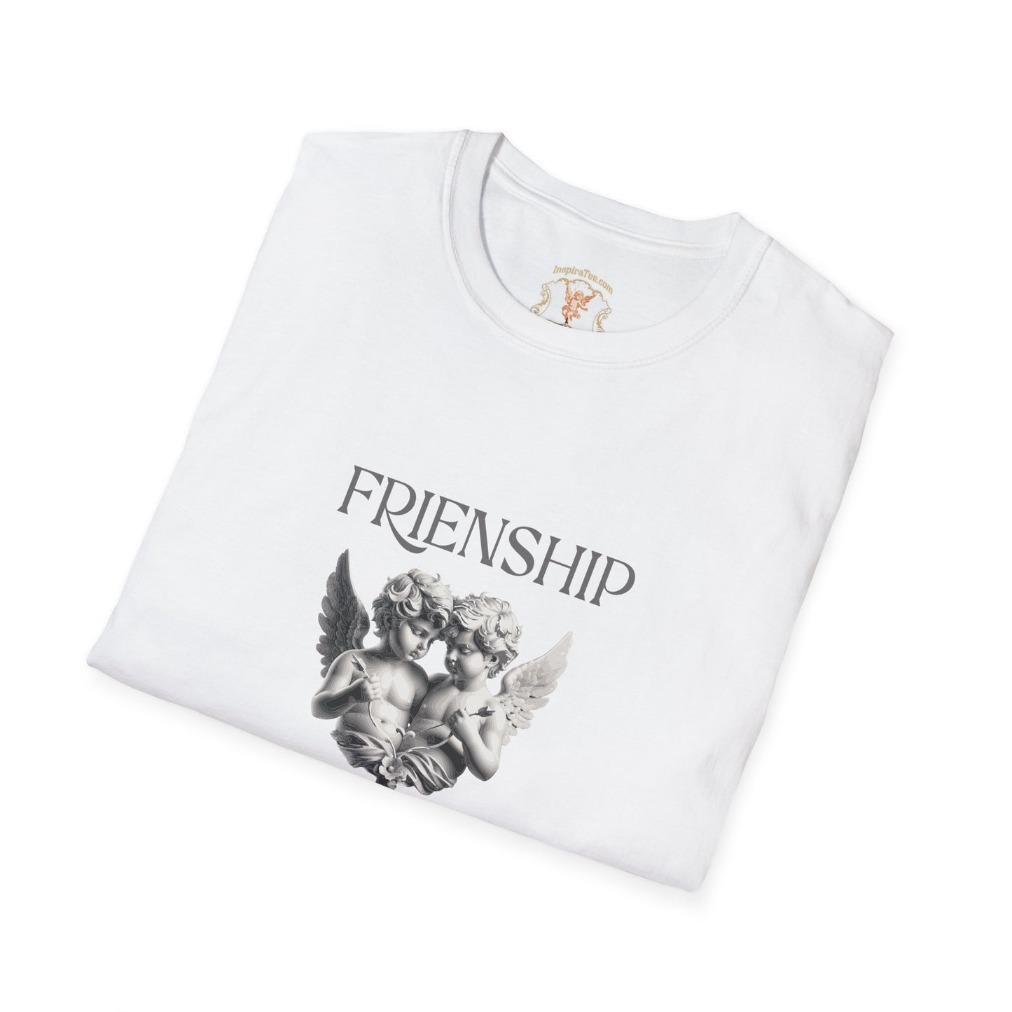 White t-shirt with 'FRIENDSHIP' design and logo on a white background