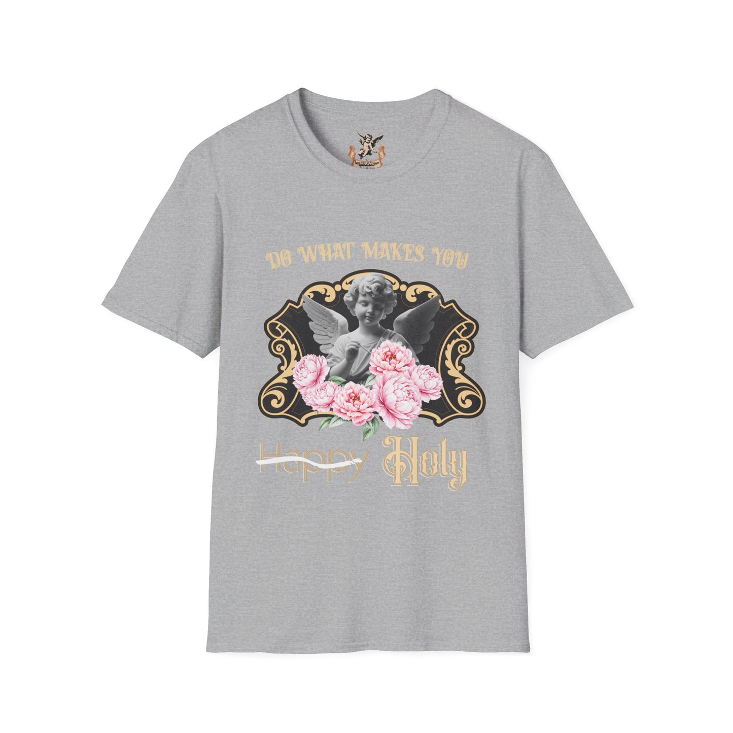 Gray t-shirt with graphic design featuring a dog, flowers, and text on a white background
