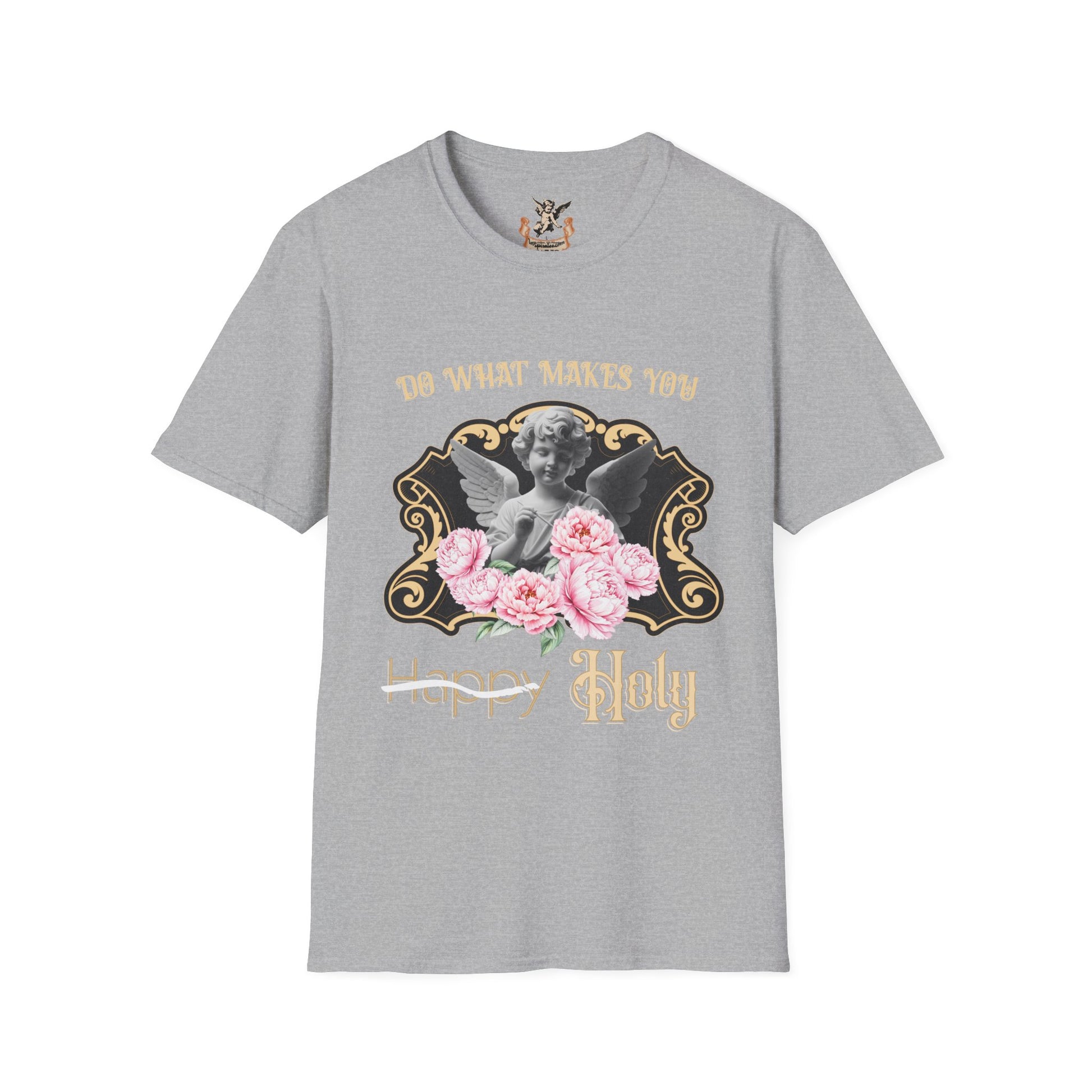 Gray t-shirt with graphic design featuring a dog, flowers, and text on a white background