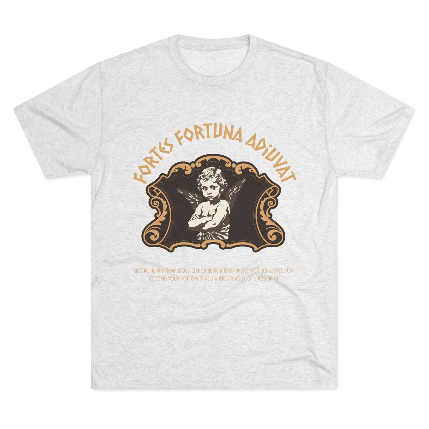 Gray t-shirt with a graphic design featuring an angel and text on a white background