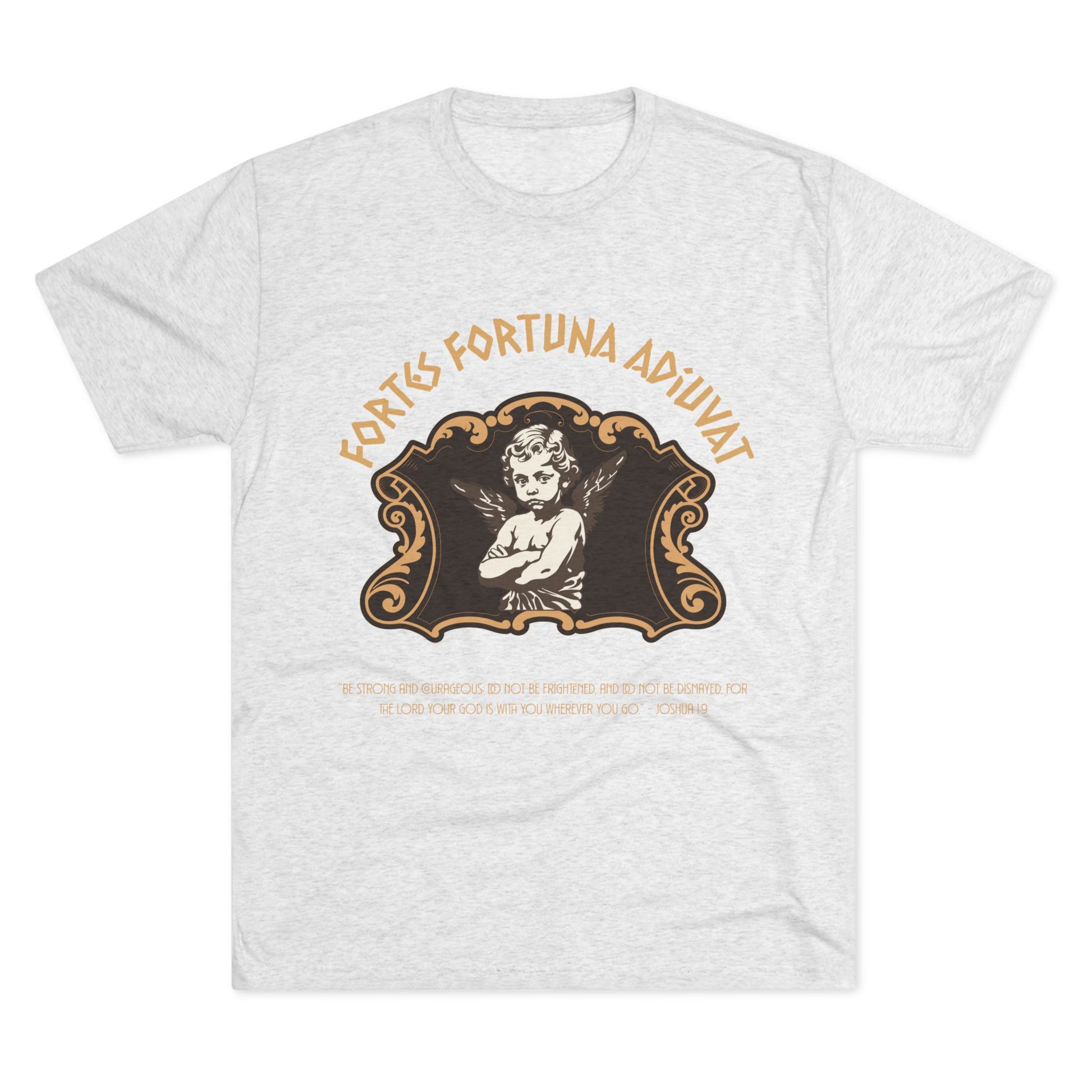 Gray t-shirt with a graphic design featuring an angel and text on a white background