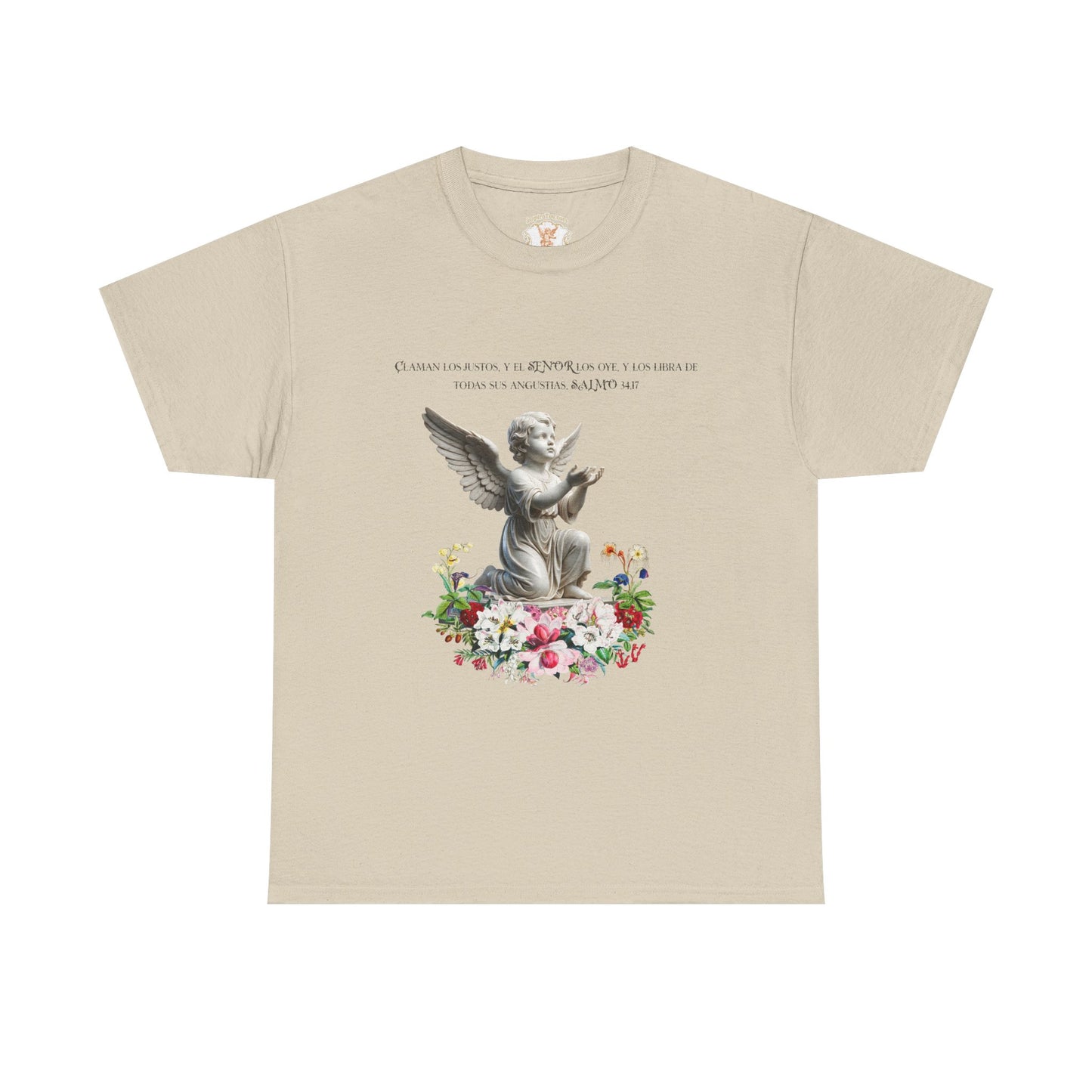 Beige t-shirt with an angel and floral design on a white background