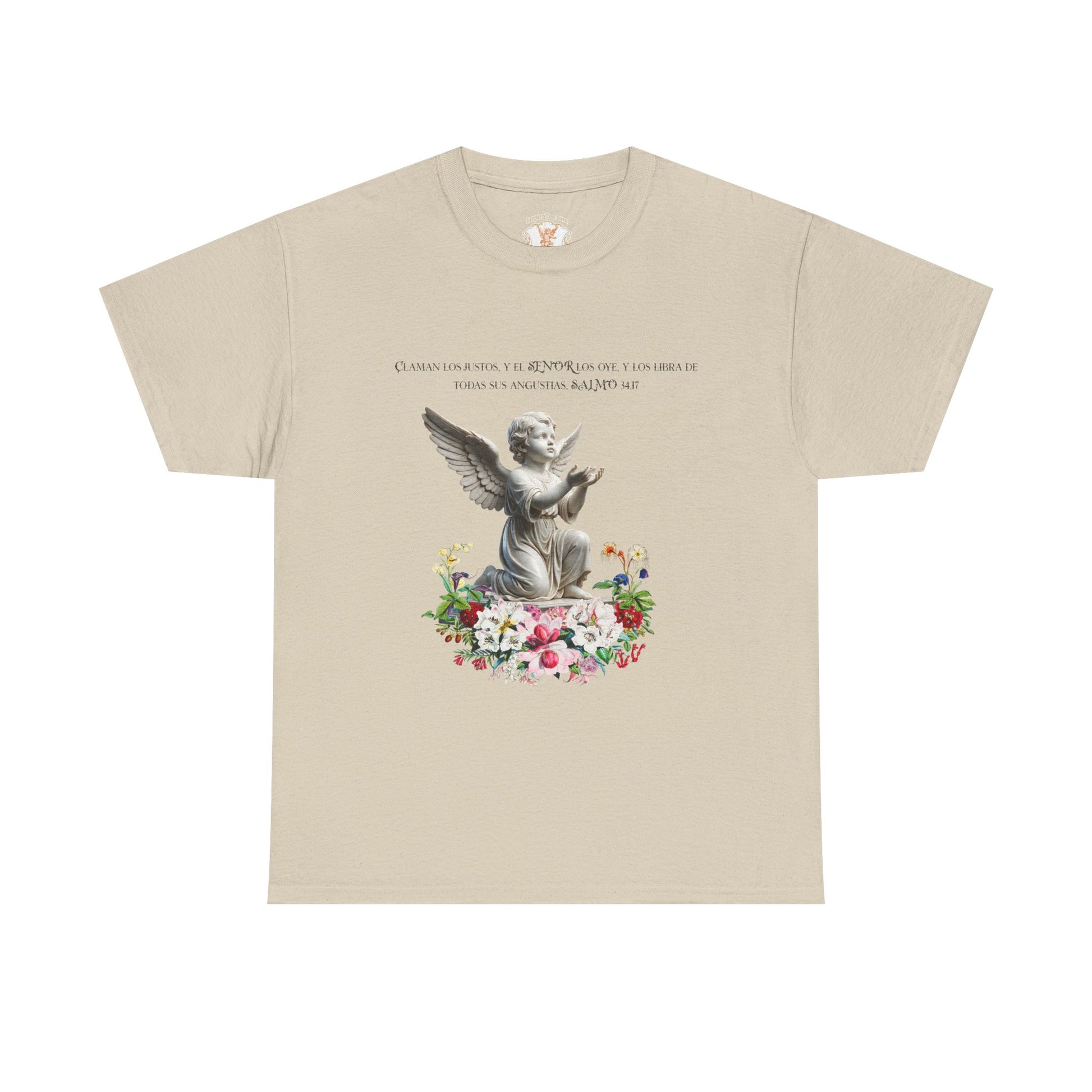 Beige t-shirt with an angel and floral design on a white background
