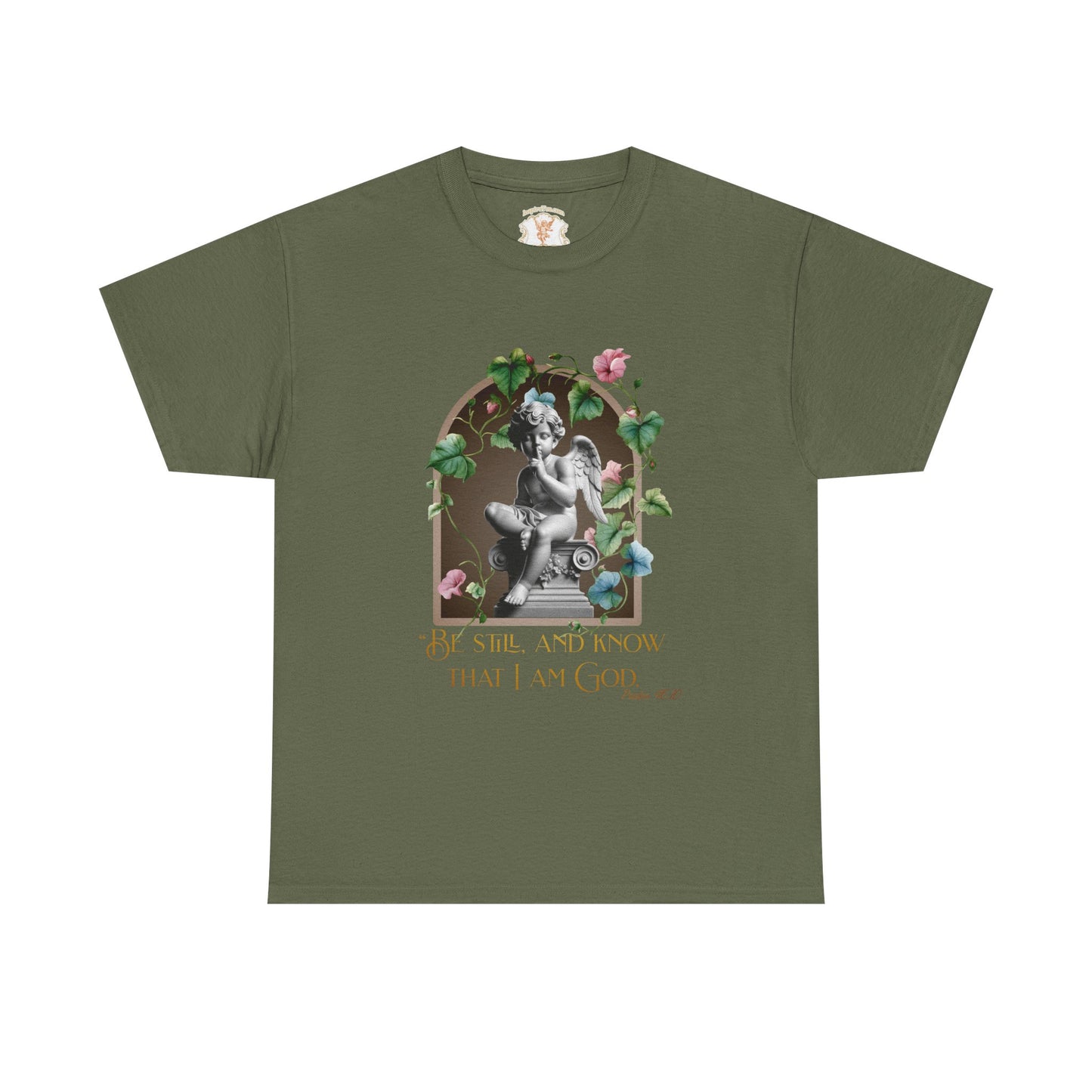 Brown t-shirt with white text on a white background