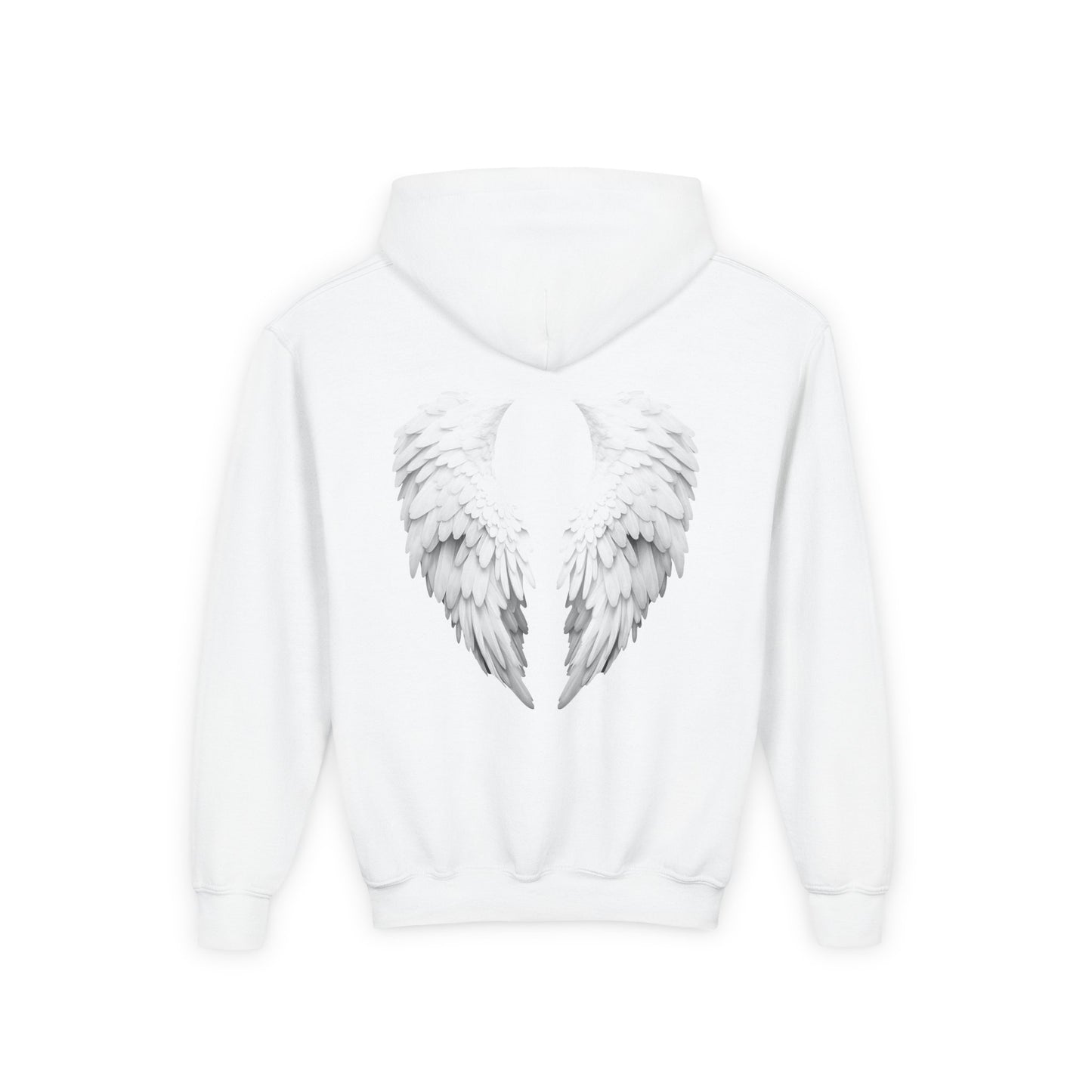 White hoodie with angel wings design on a white background