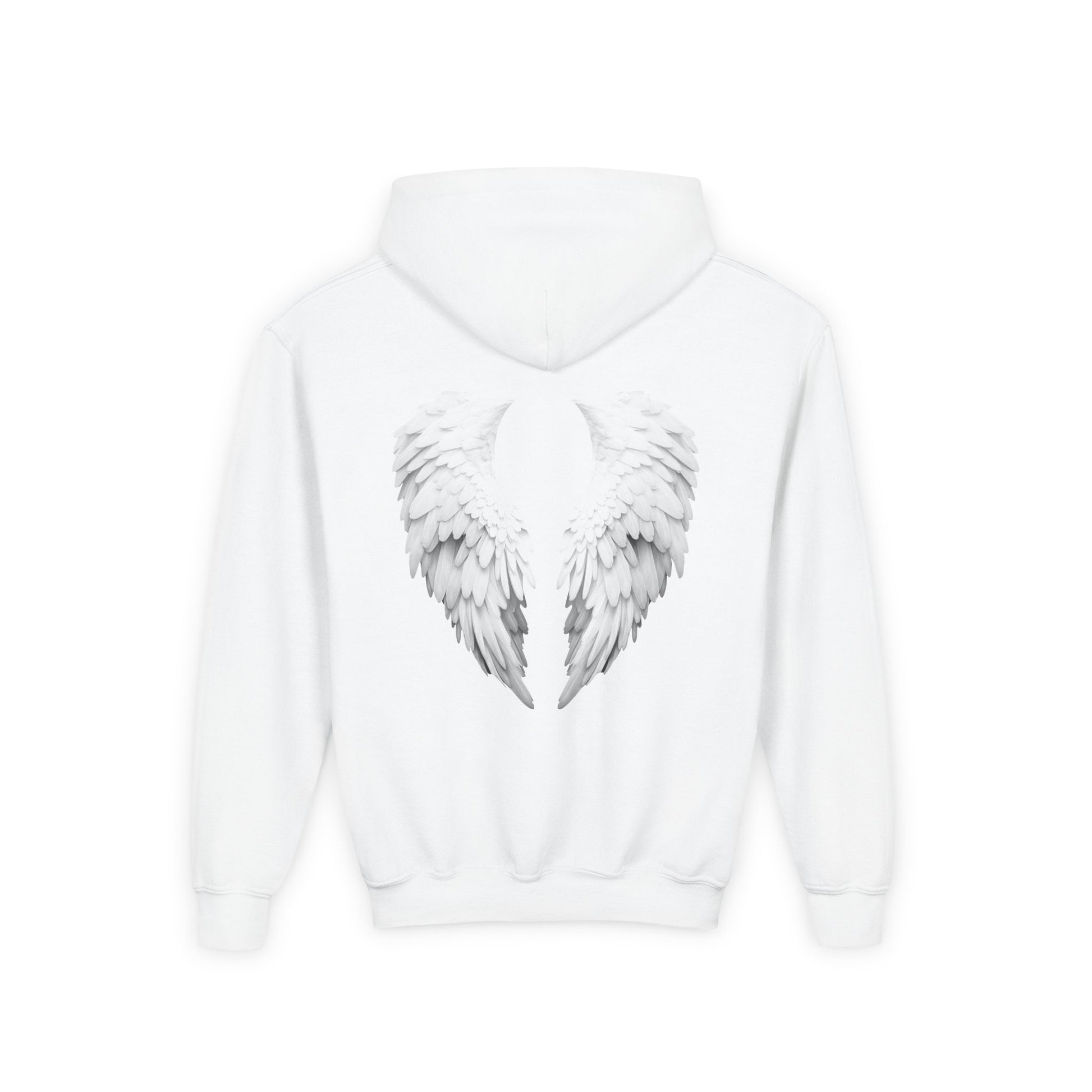 White hoodie with angel wings design on a white background