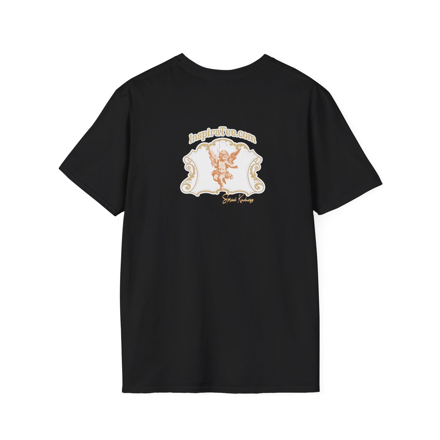 Black t-shirt with lion graphic and text on a white background