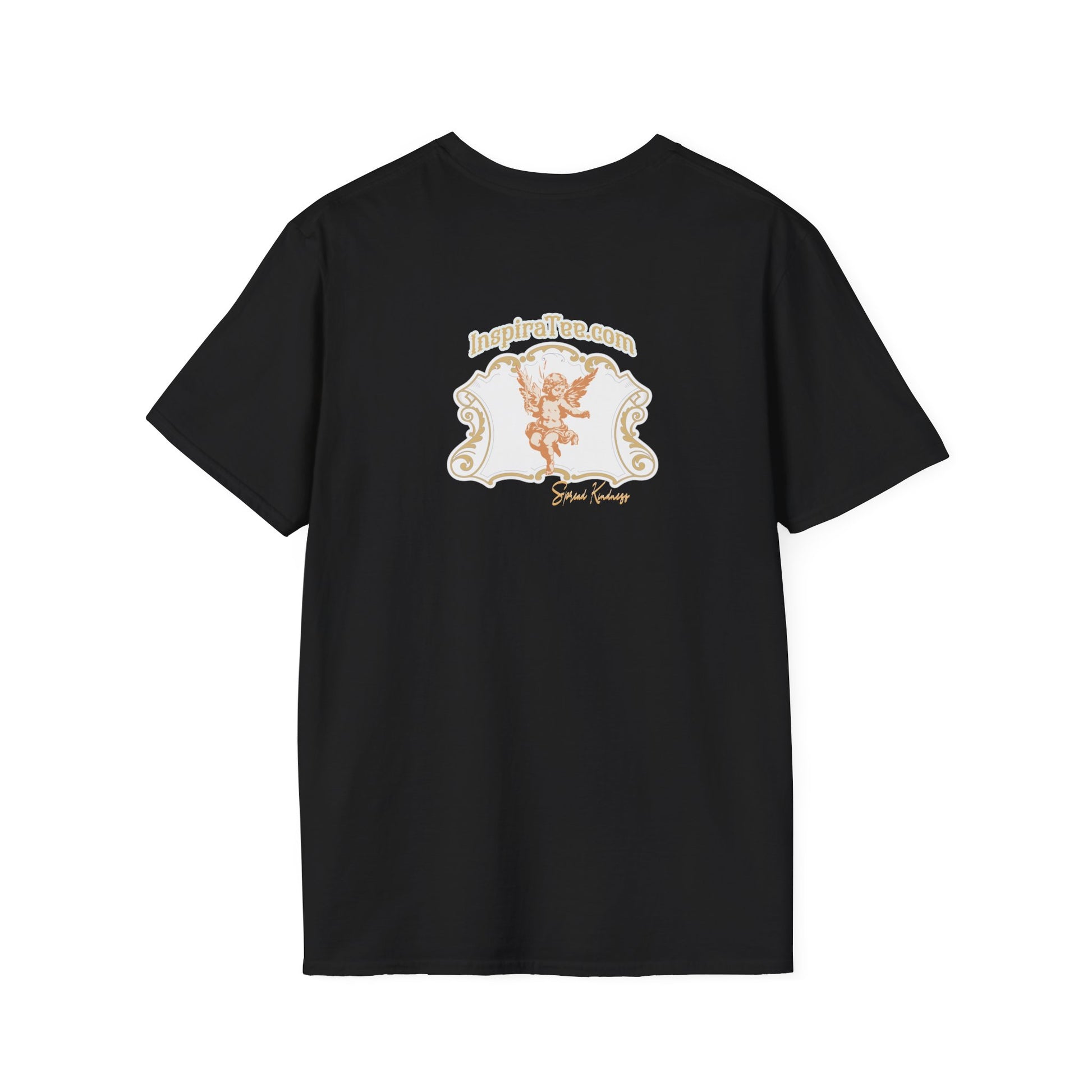 Black t-shirt with lion graphic and text on a white background