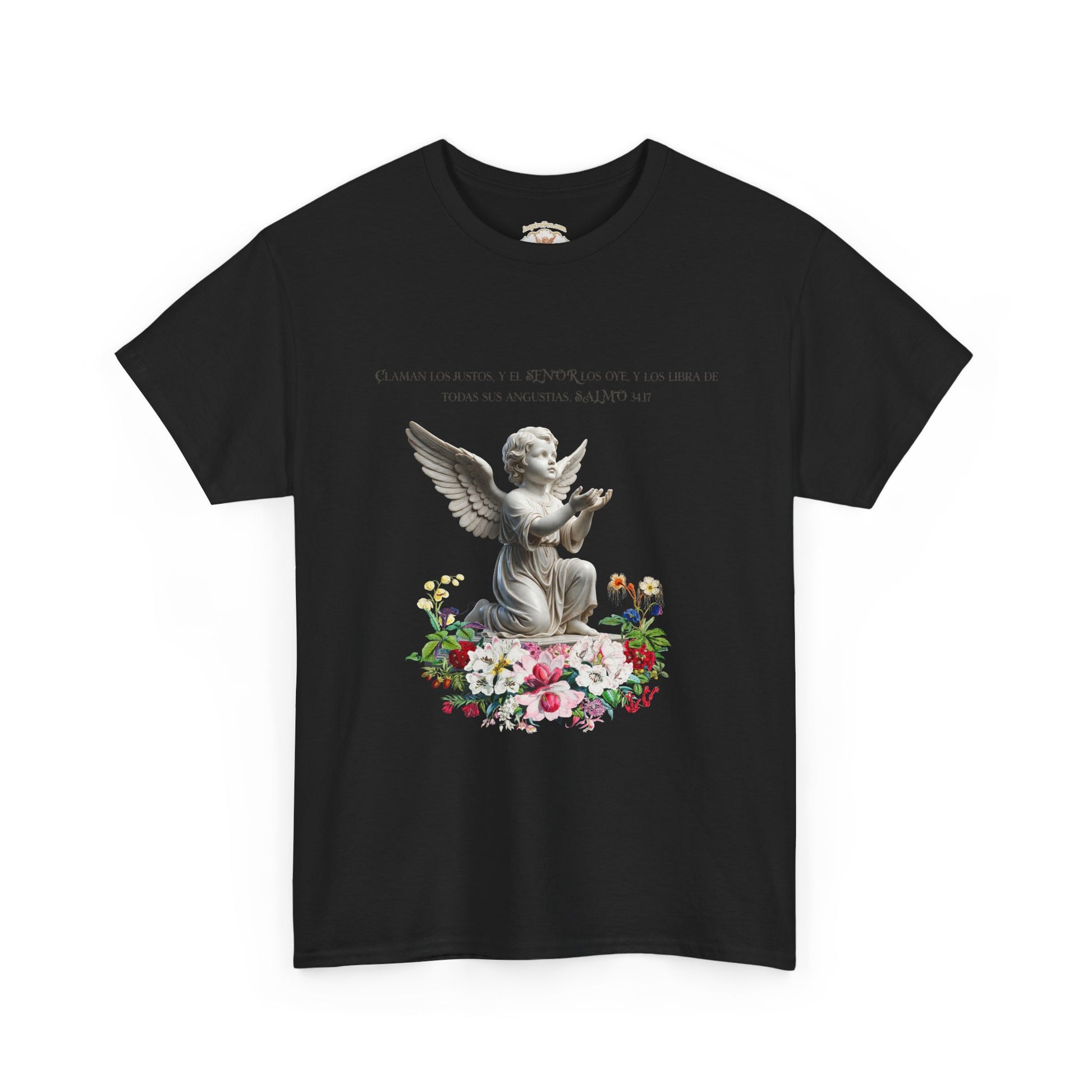 Black t-shirt with an angel and floral design on a white background