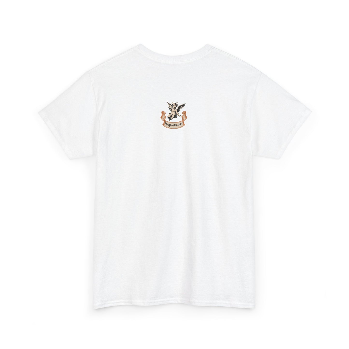 White t-shirt with a small logo on the back against a white background