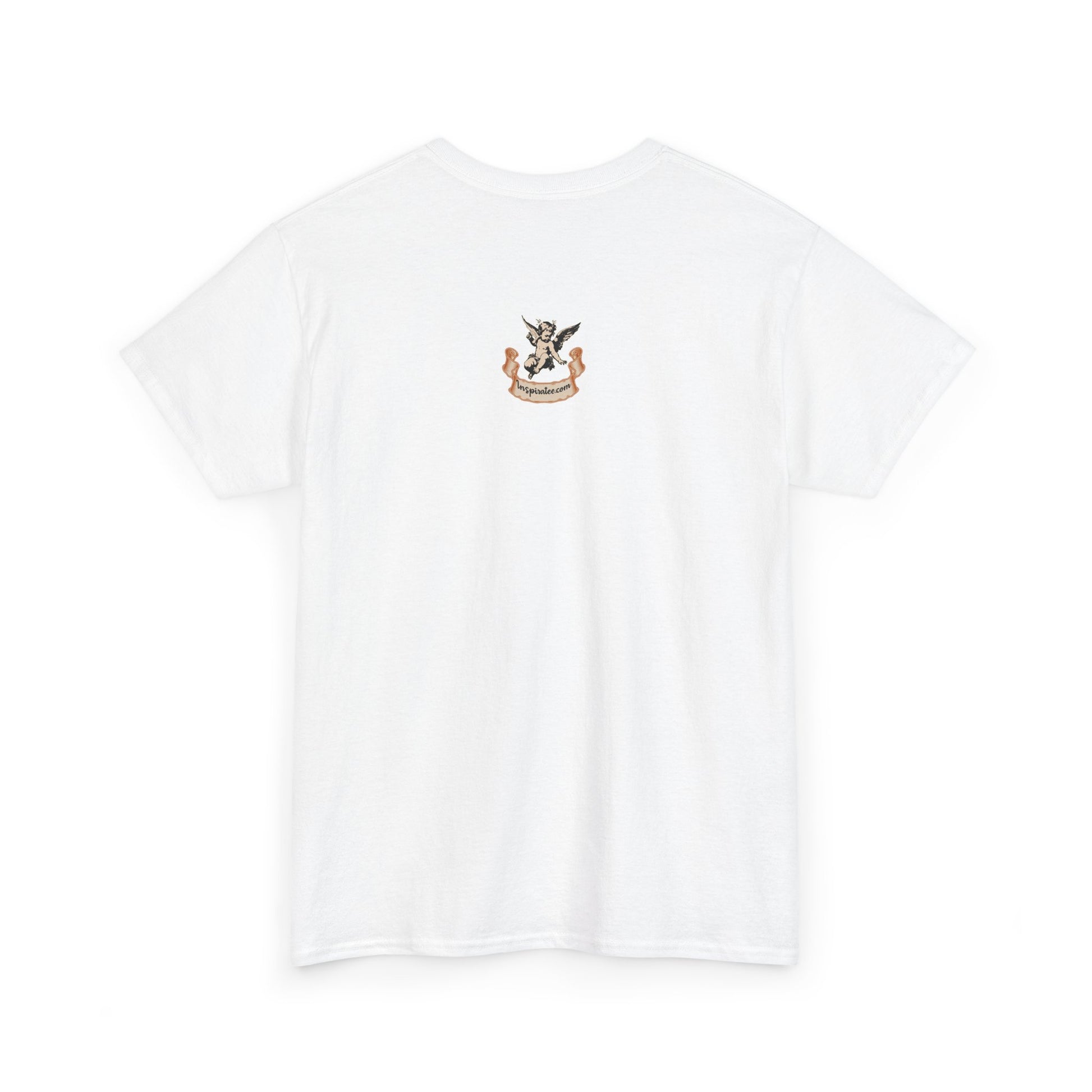 White t-shirt with a small logo on the back against a white background