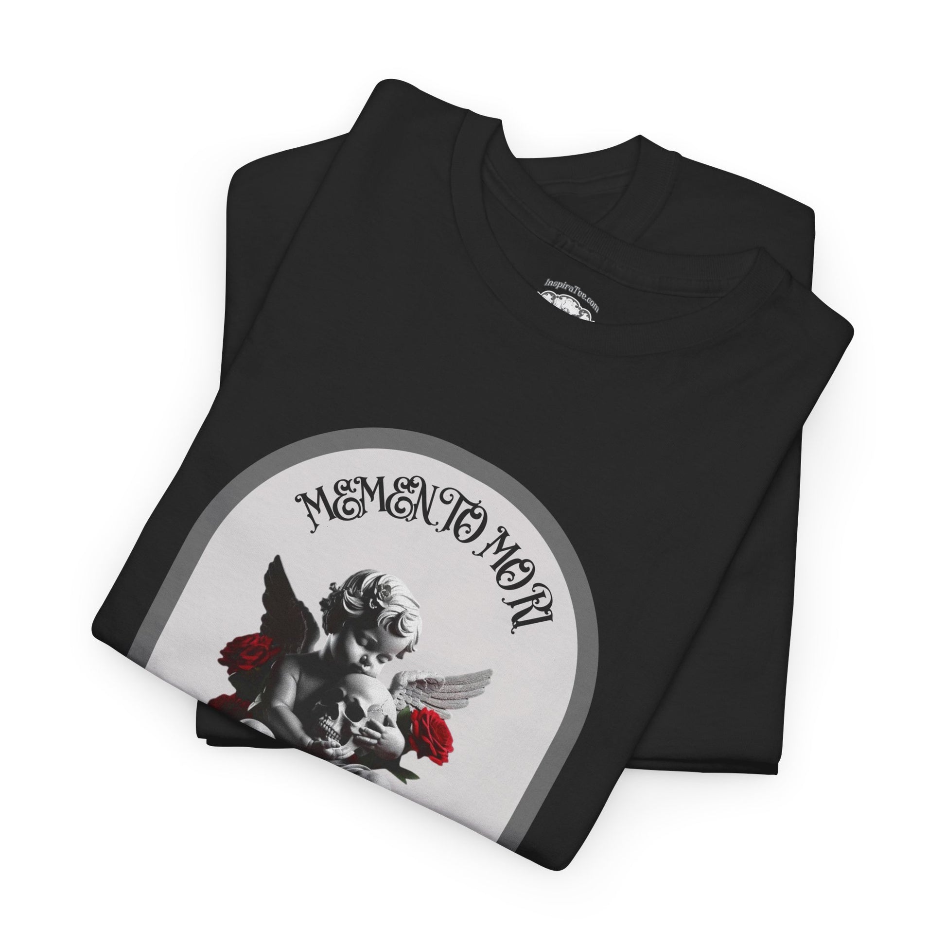 Black t-shirt with 'Memento Mori' design featuring an angel and roses on a white background