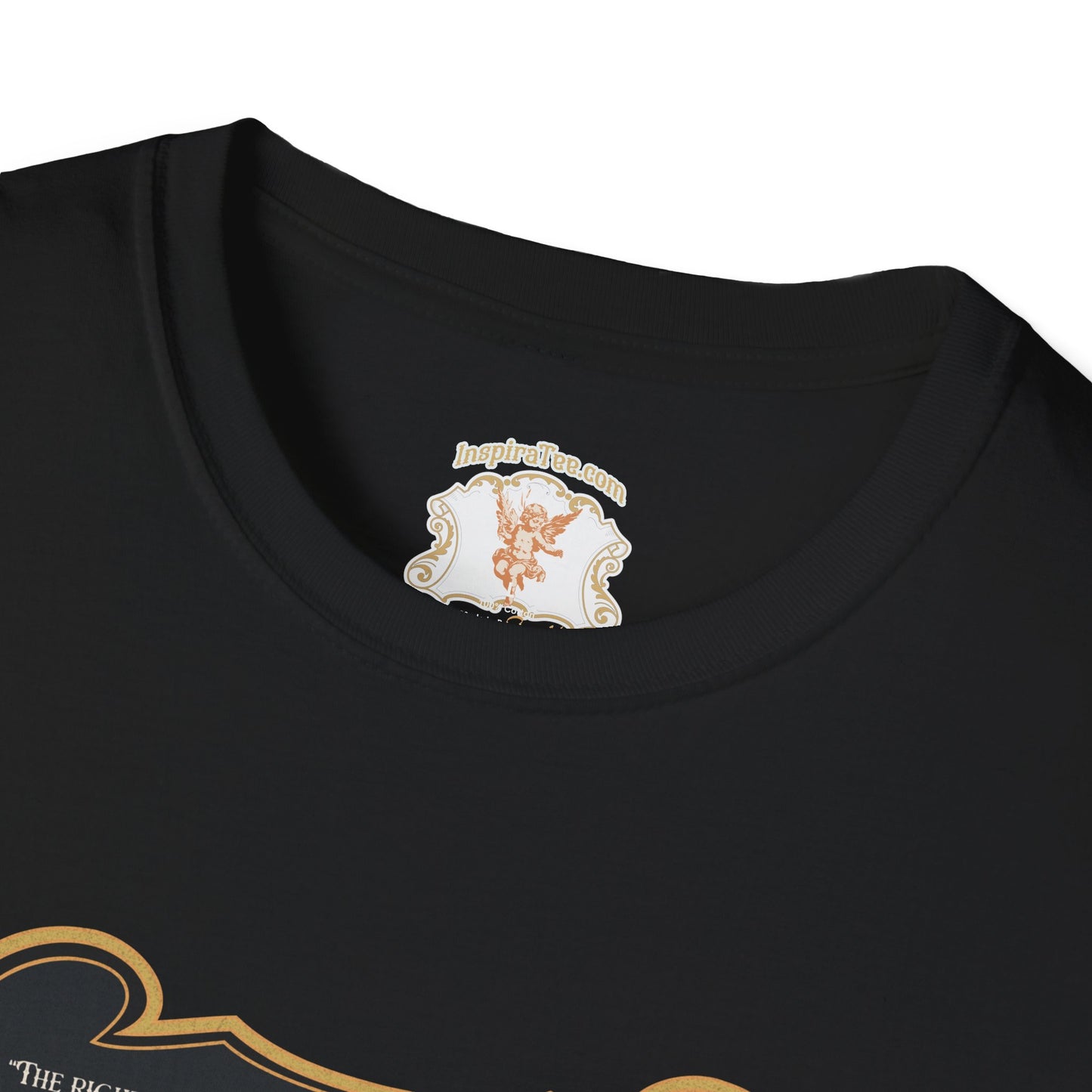 Black t-shirt with a decorative angel logo on the collar against a white background