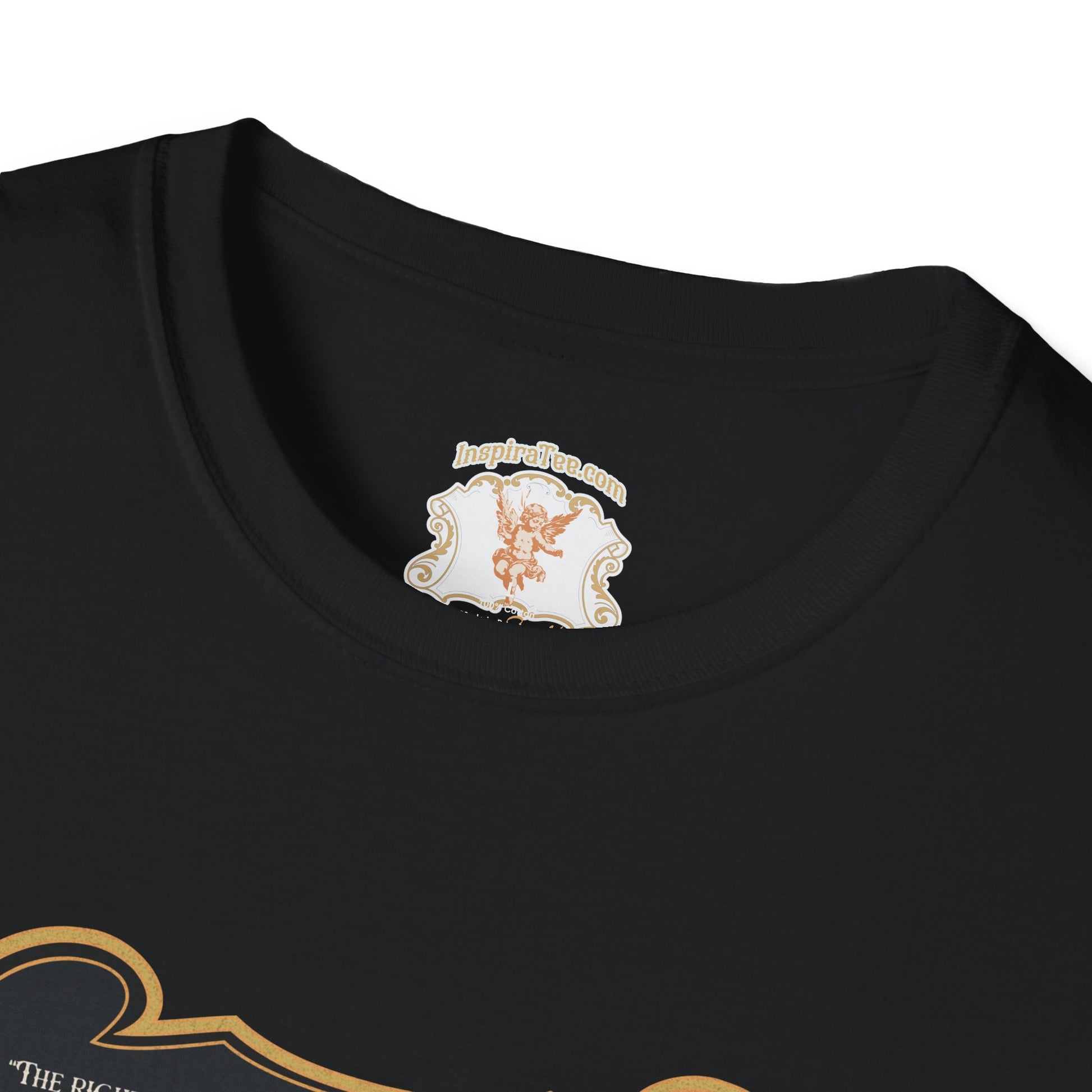 Black t-shirt with a decorative angel logo on the collar against a white background