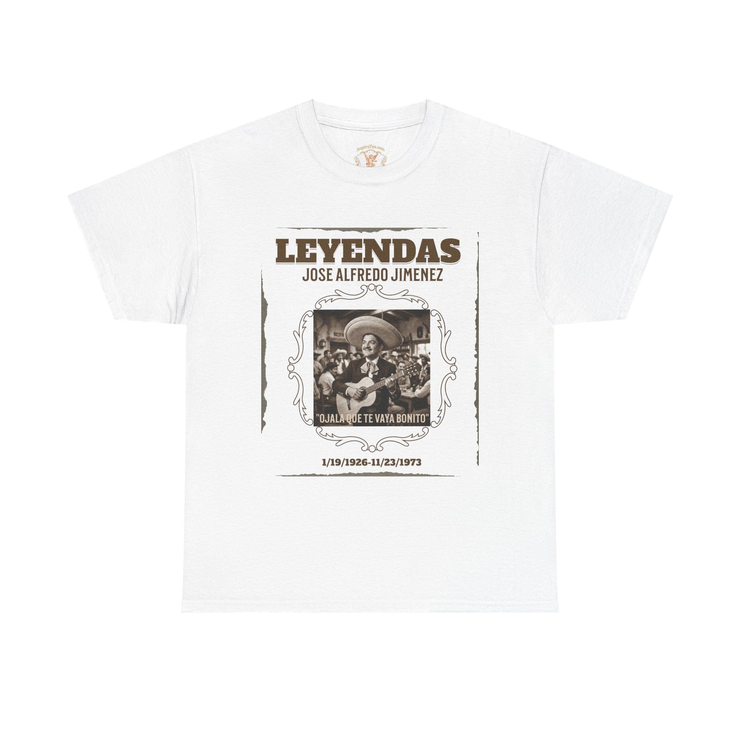 White t-shirt with graphic design and text on a white background