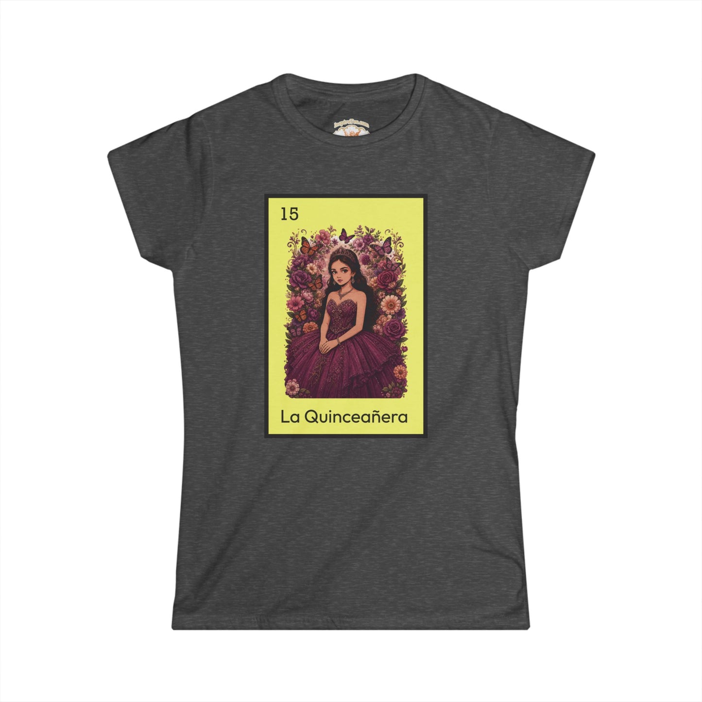 Dark gray t-shirt with 'La Quinceáánéra' design on a white background
