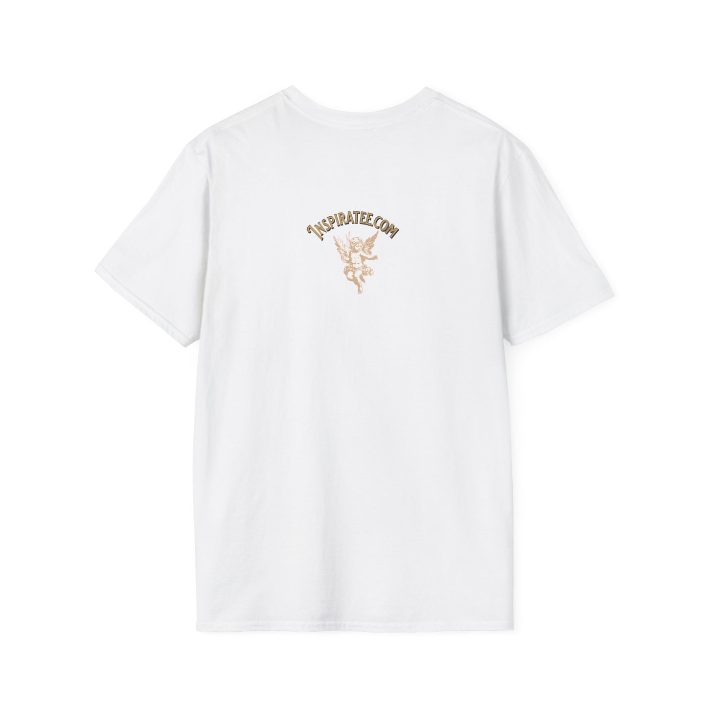 White t-shirt with a logo on the back against a white background