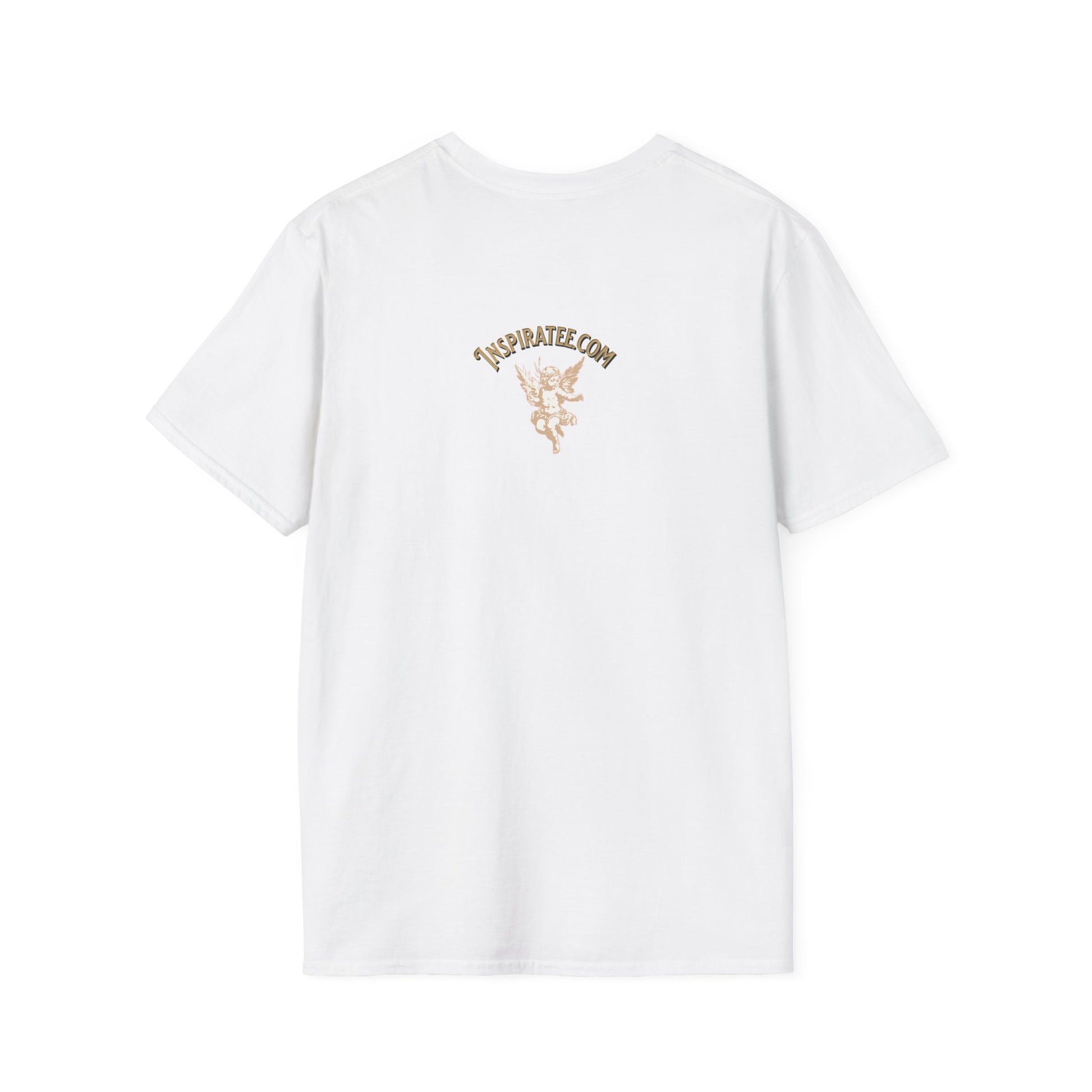 White t-shirt with a logo on the back against a white background