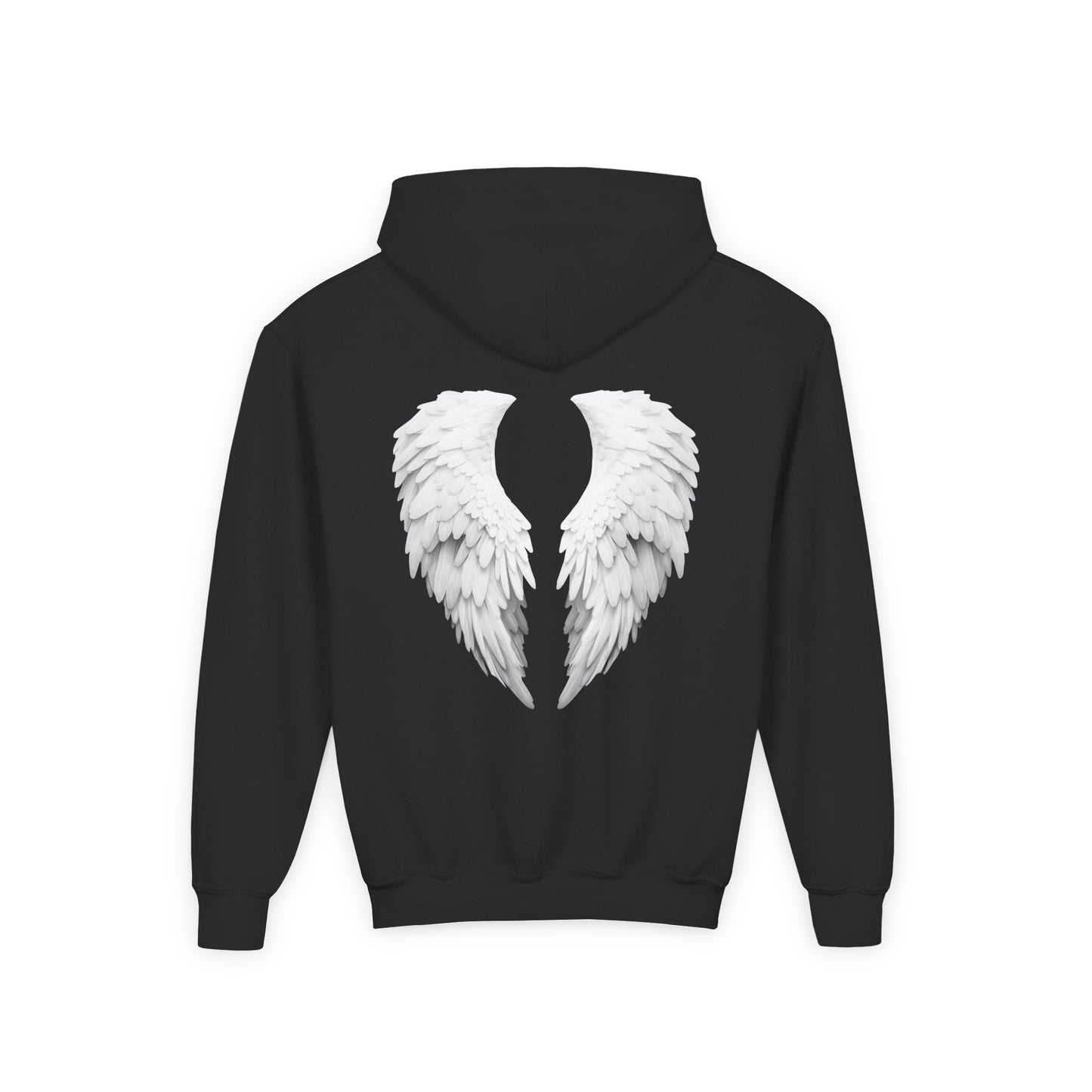 Black hoodie with white angel wings on the back against a white background