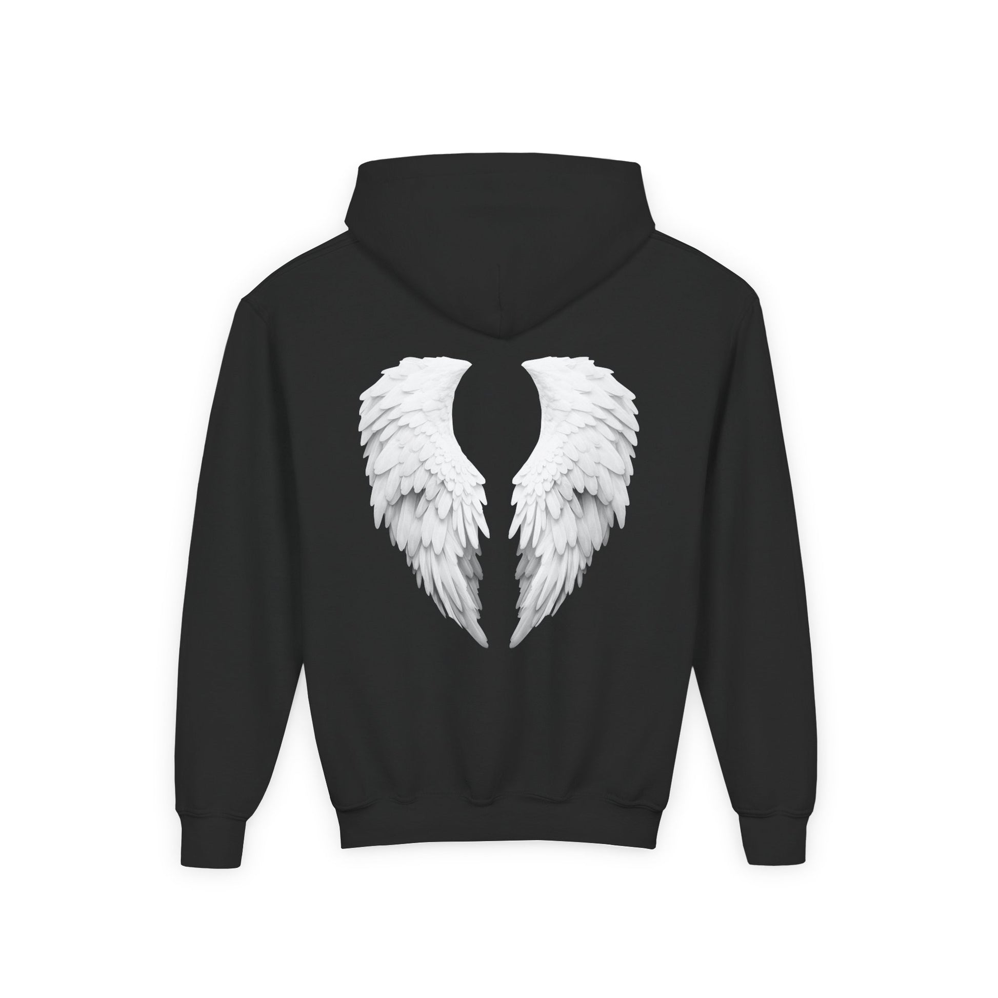 Black hoodie with white angel wings on the back against a white background
