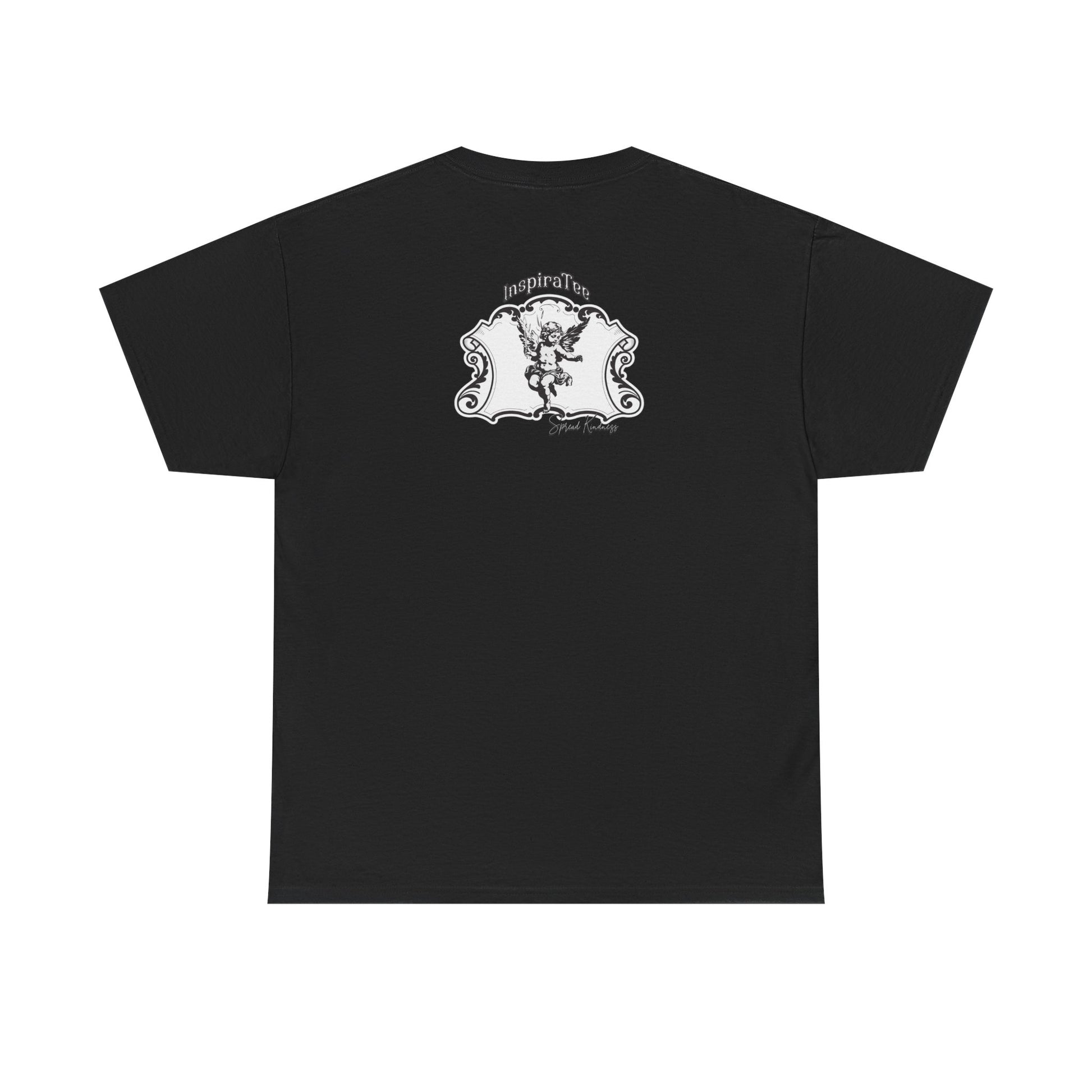 Black t-shirt with a white graphic design on the back against a white background