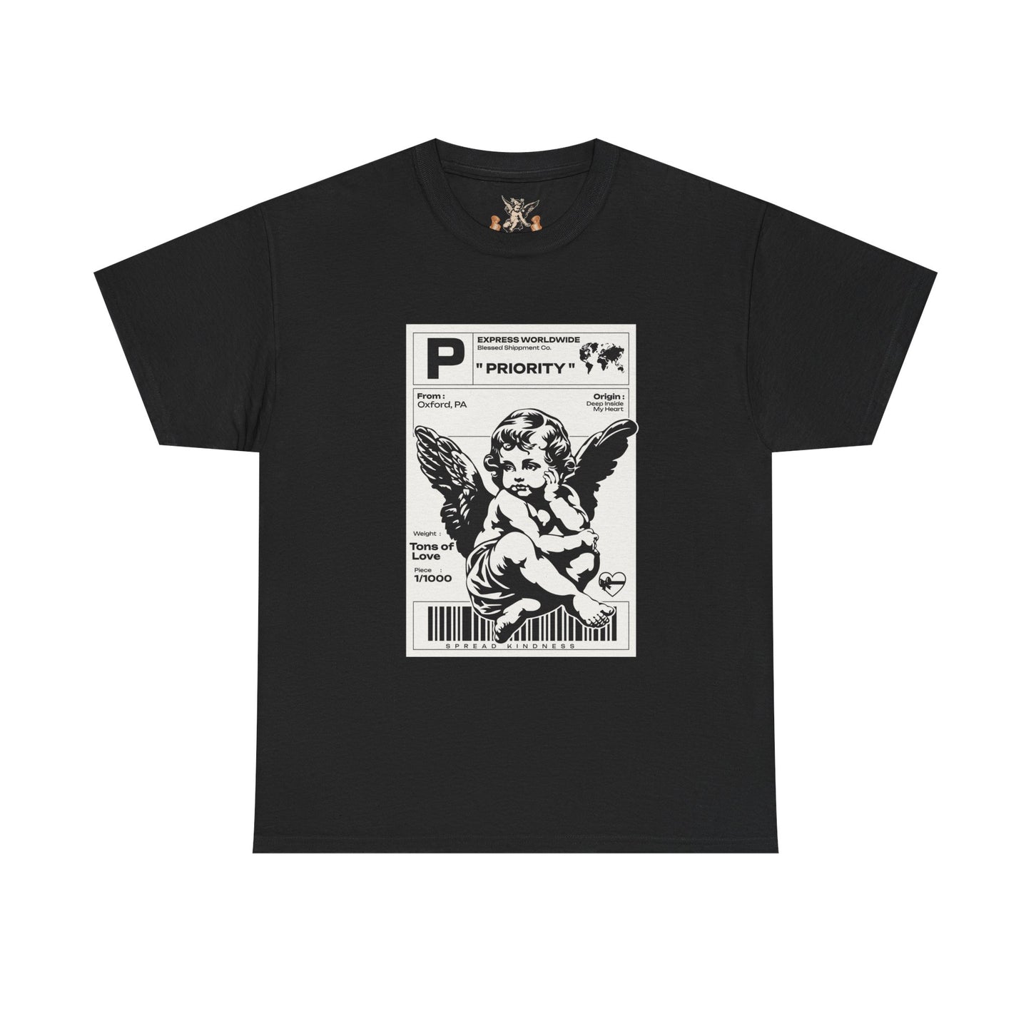 Black t-shirt with a graphic design of an angel on a white background