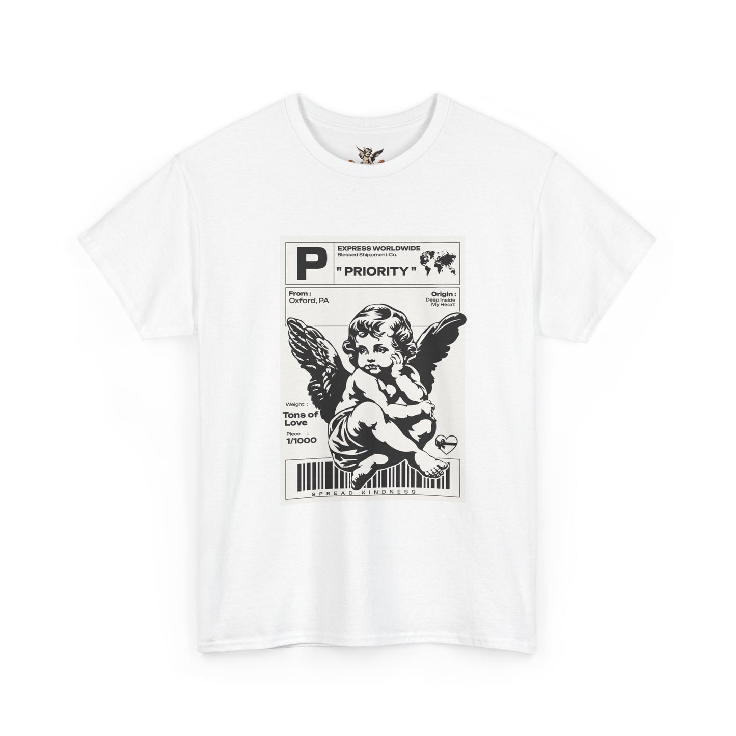 White t-shirt with black graphic design of an angel and text on a white background
