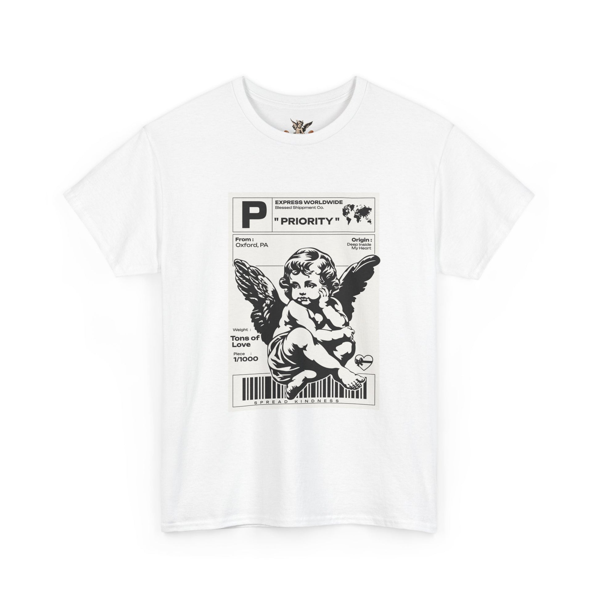 White t-shirt with black graphic design of an angel and text on a white background
