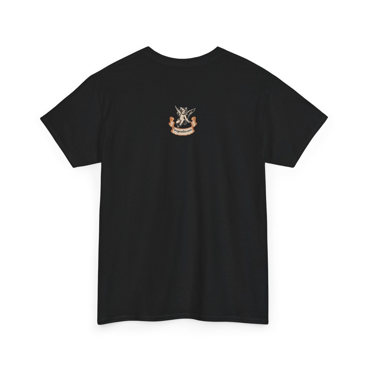 Black t-shirt with a small logo on the chest against a white background