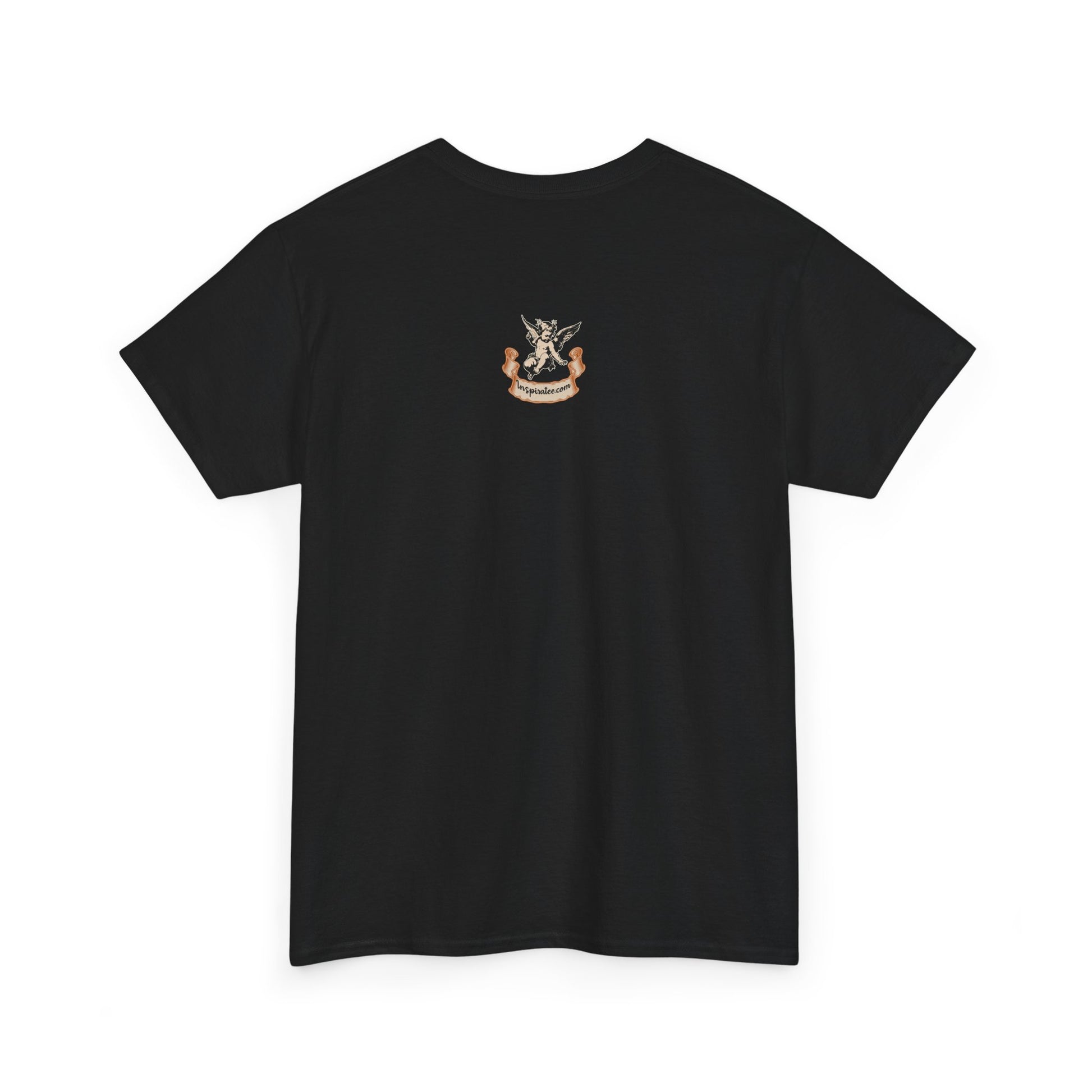 Black t-shirt with a small logo on the chest against a white background