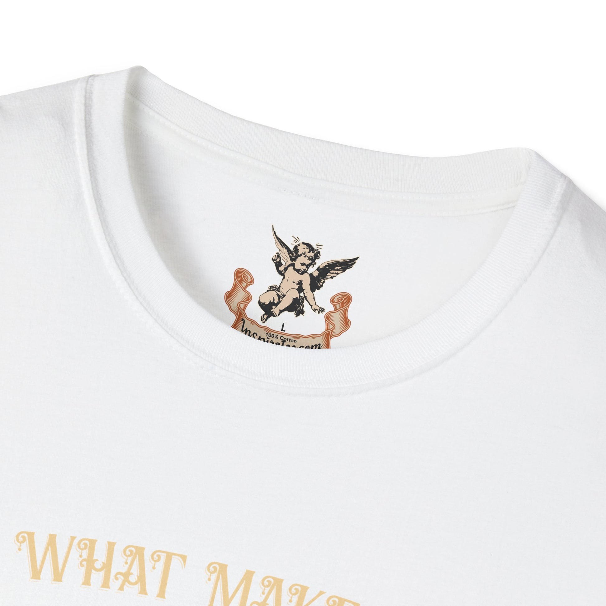 White t-shirt with graphic design and text on a white background
